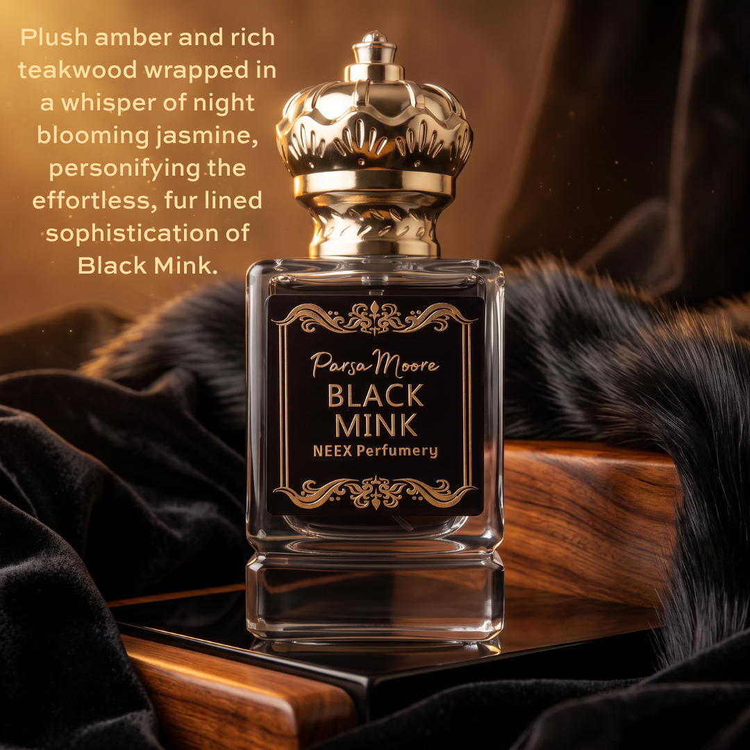 A luxury perfume bottle labeled 'Parsa Moore BLACK MINK' by NEEX Perfumery, featuring a gold crown cap and a black label with gold lettering, set on a wooden surface with dark fur and draped velvet in a warm, moody setting.