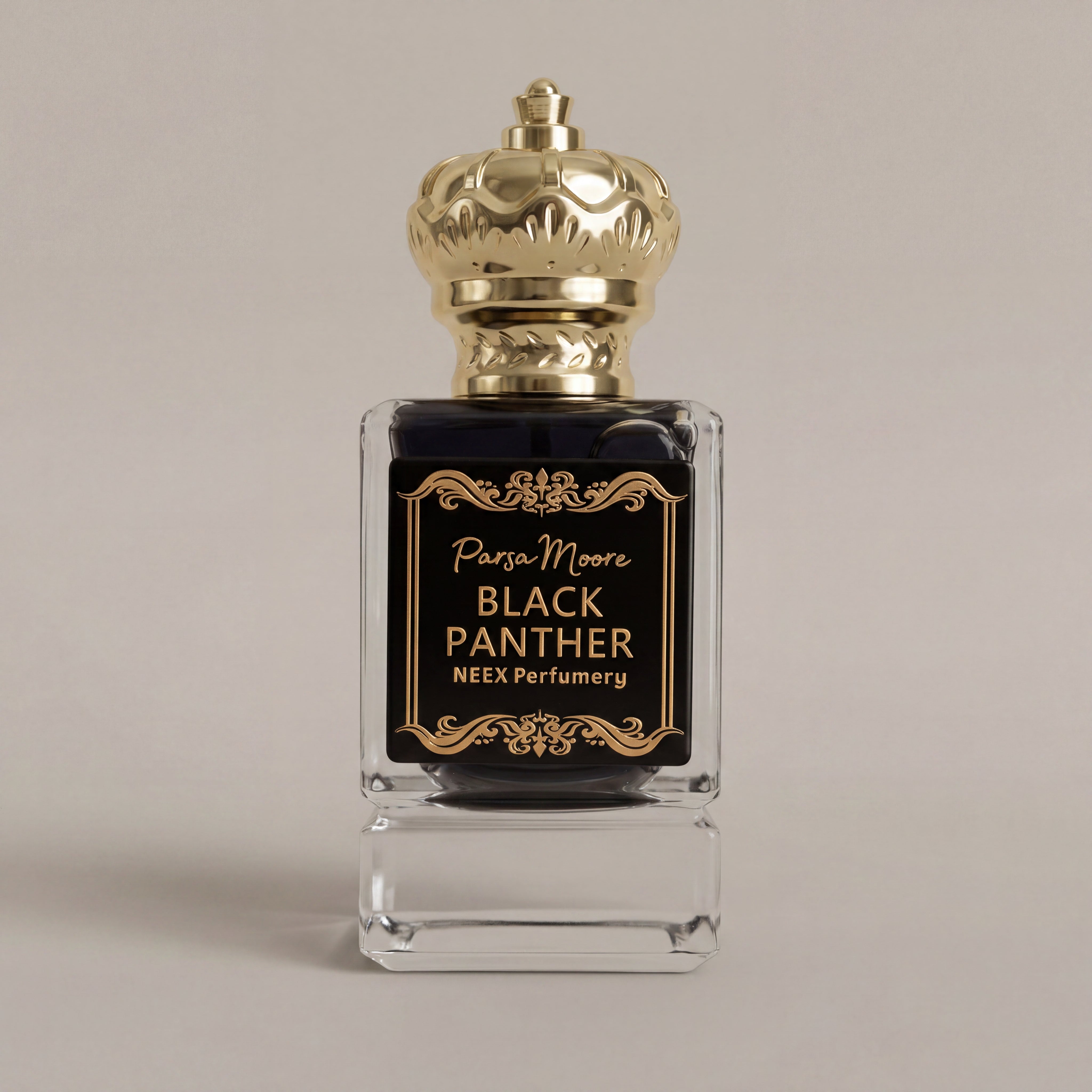 Perfume bottle labeled 'Black Panther' by Para Moore on a beige background