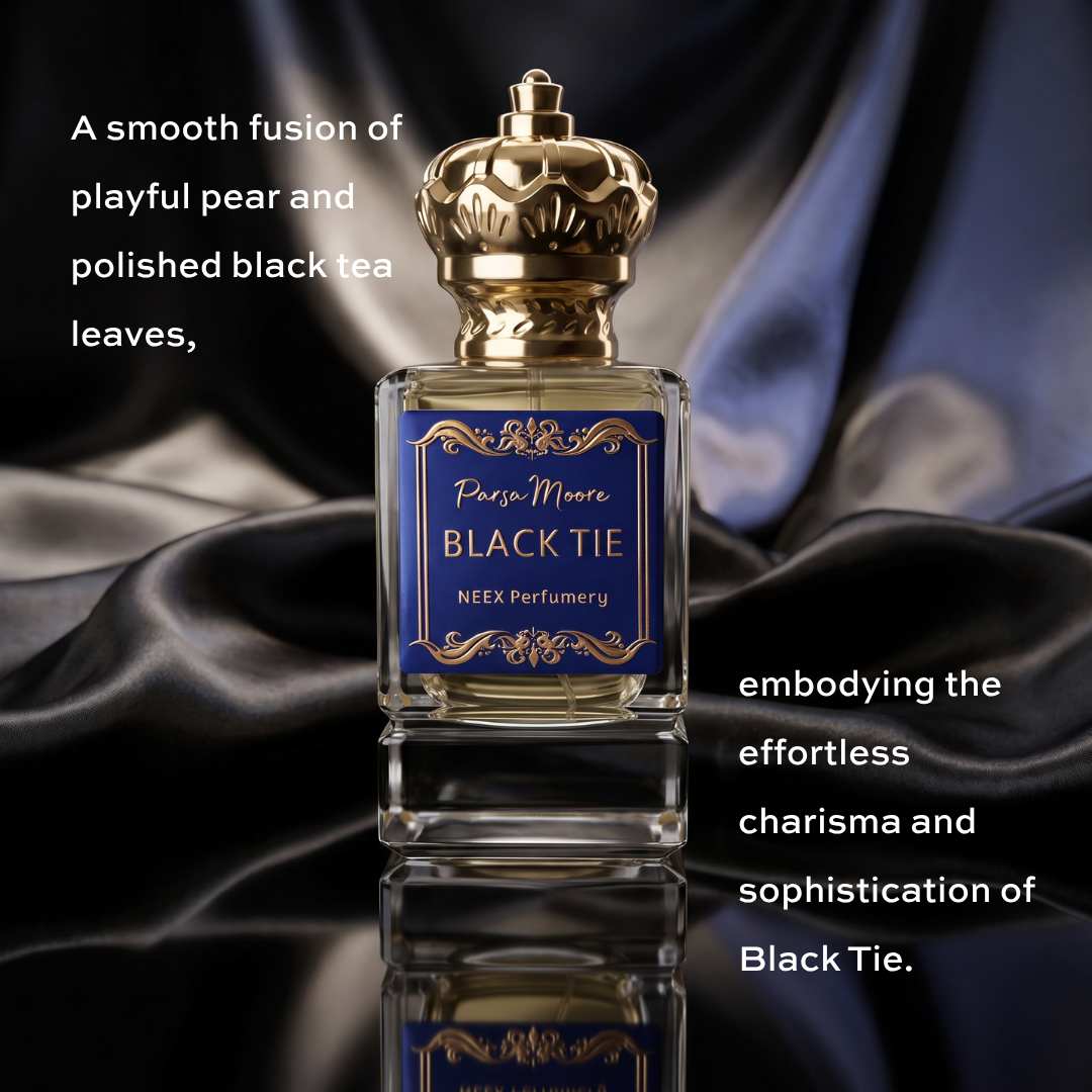 A rectangular glass perfume bottle with a gold crown cap and a blue label reading 'Parsa Moore BLACK TIE NEEX Perfumery,' set against draped dark satin fabric with overlaid descriptive text.