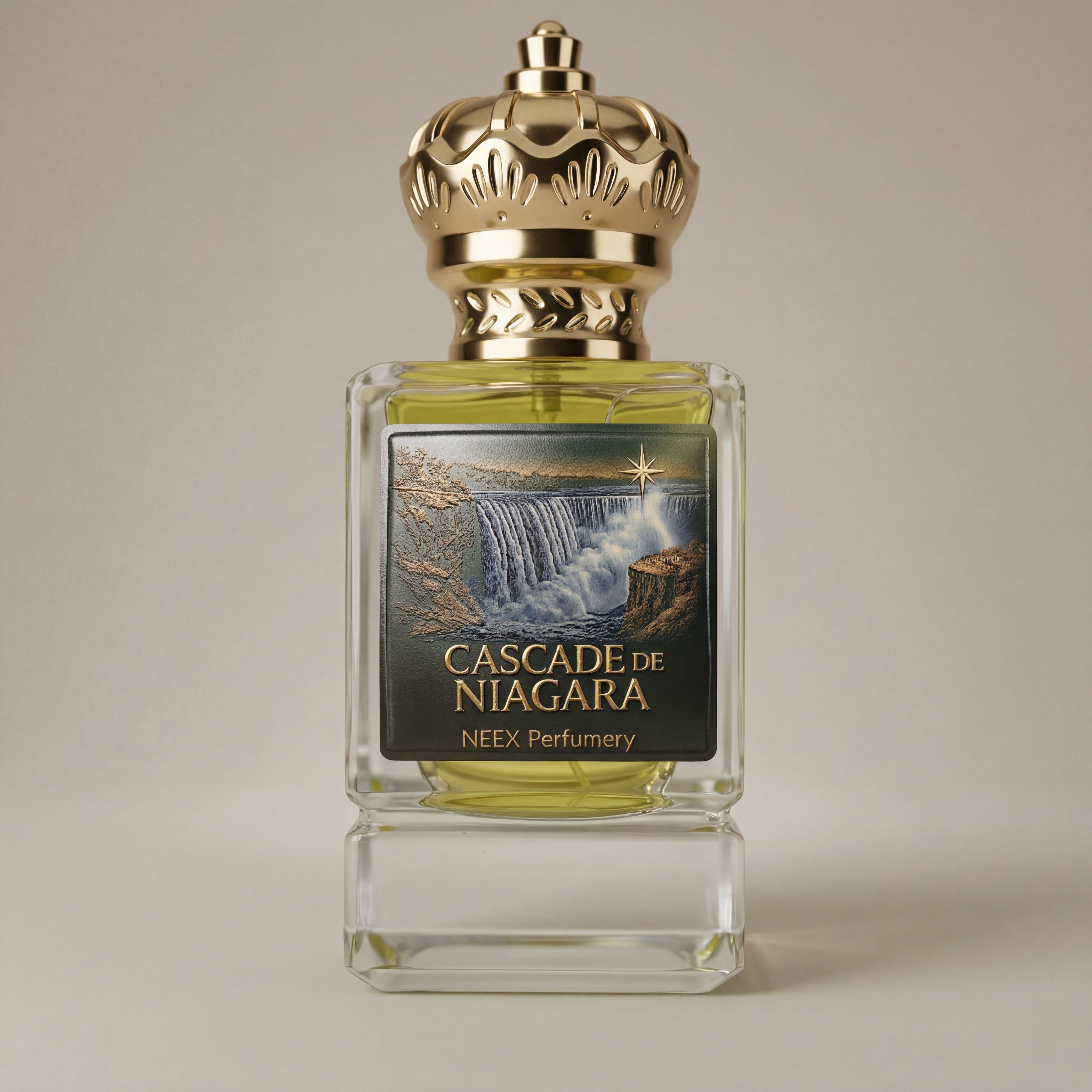Perfume bottle labeled 'Cascade de Niagara' by NEEX Perfumery on a beige background