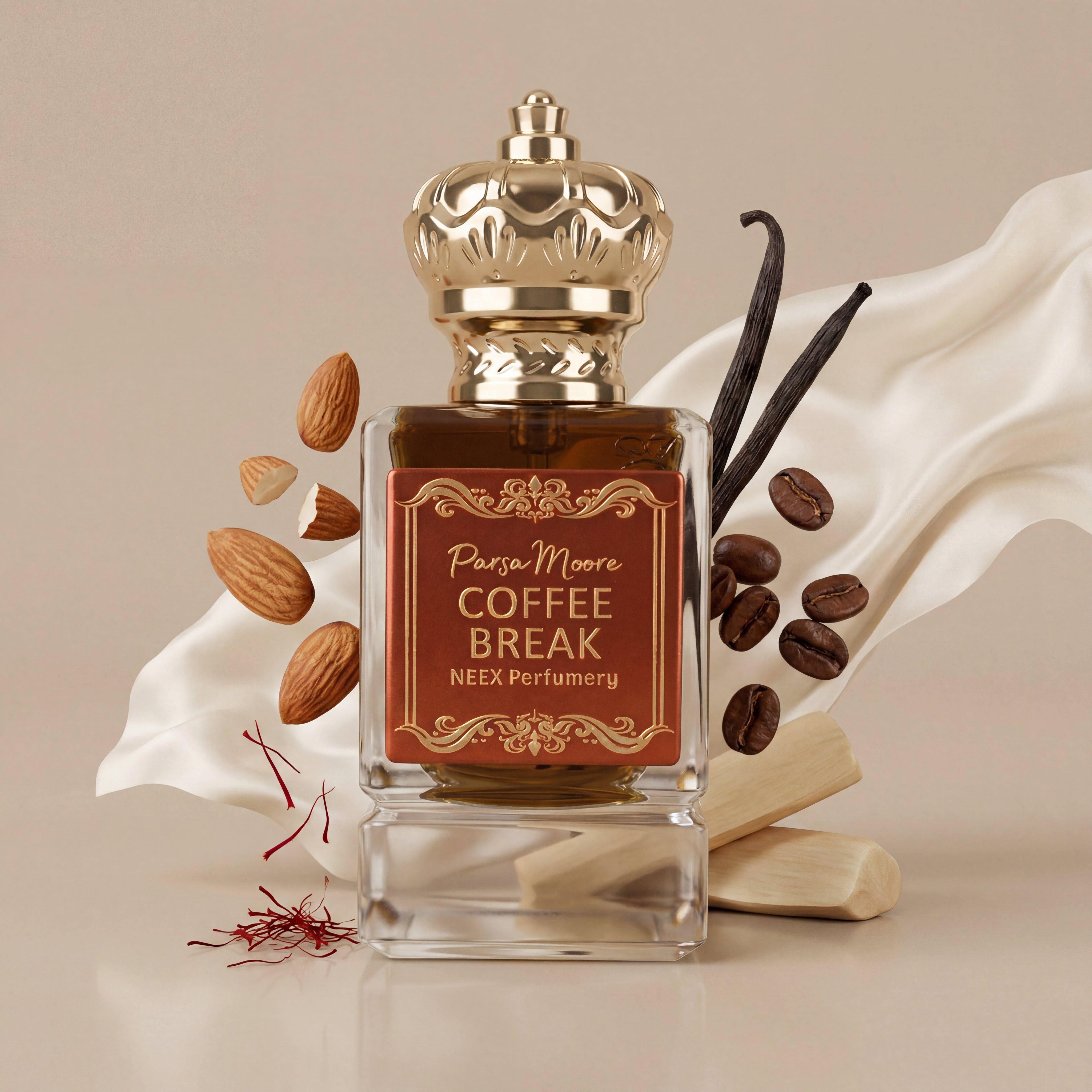 A perfume bottle labeled 'Parsa Moore Coffee Break' by NEEX Perfumery, styled with coffee beans, almonds, vanilla beans, and saffron on a beige background with flowing white fabric.