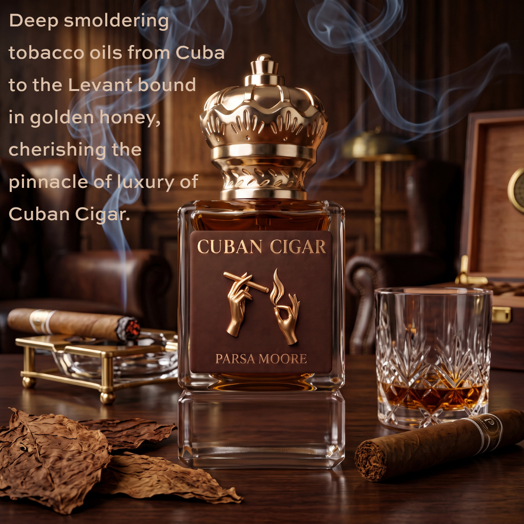 A luxury perfume bottle labeled 'CUBAN CIGAR' by Parsa Moore, styled on a dark wooden table with a glass of amber liquid, a cigar, dried tobacco leaves, and smoke in the background.