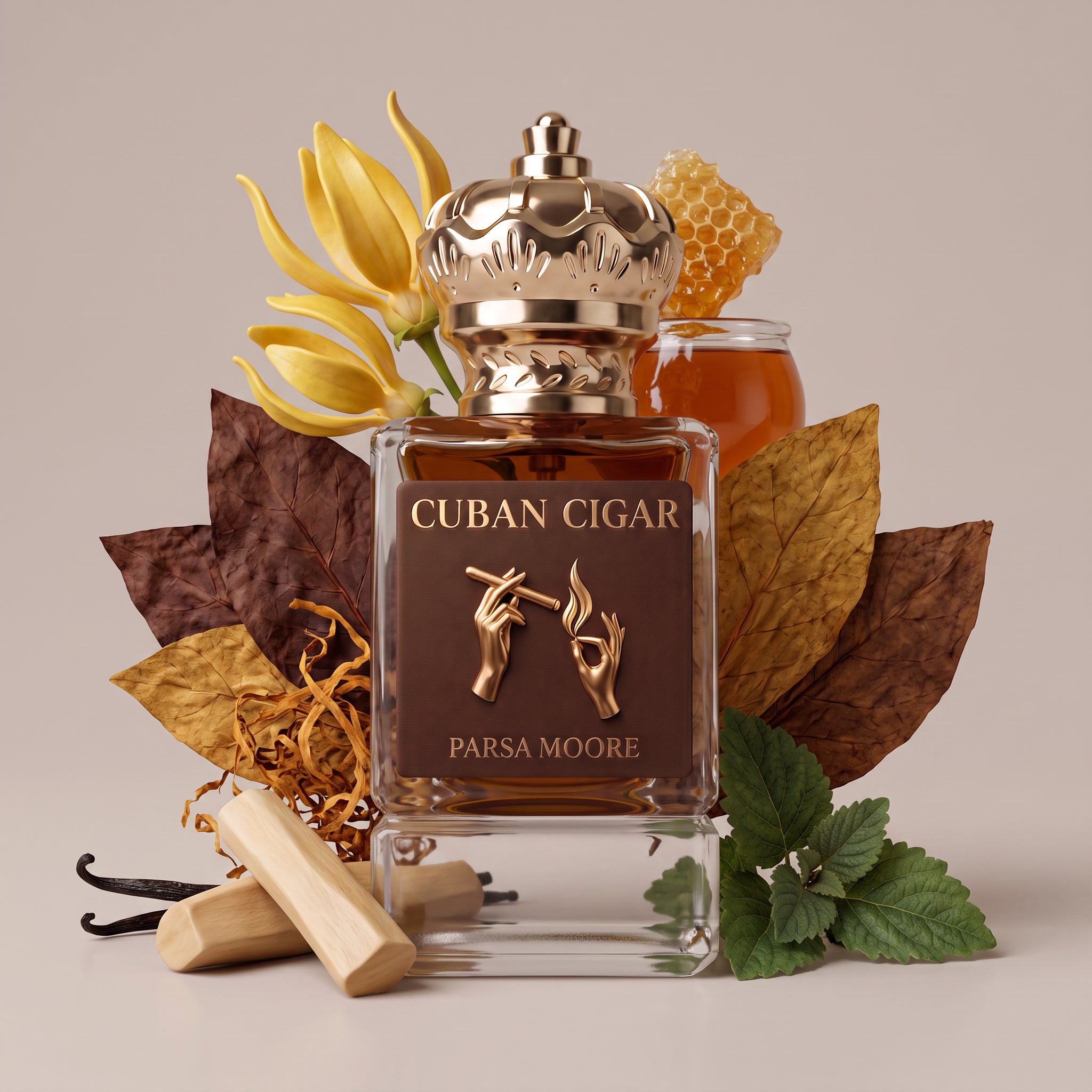 A perfume bottle labeled 'CUBAN CIGAR' by Parsa Moore, styled with dried Cuban cigar leaves, tobacco pieces, vanilla beans, a yellow flower, honeycomb, and a small jar of amber liquid against a warm beige background.