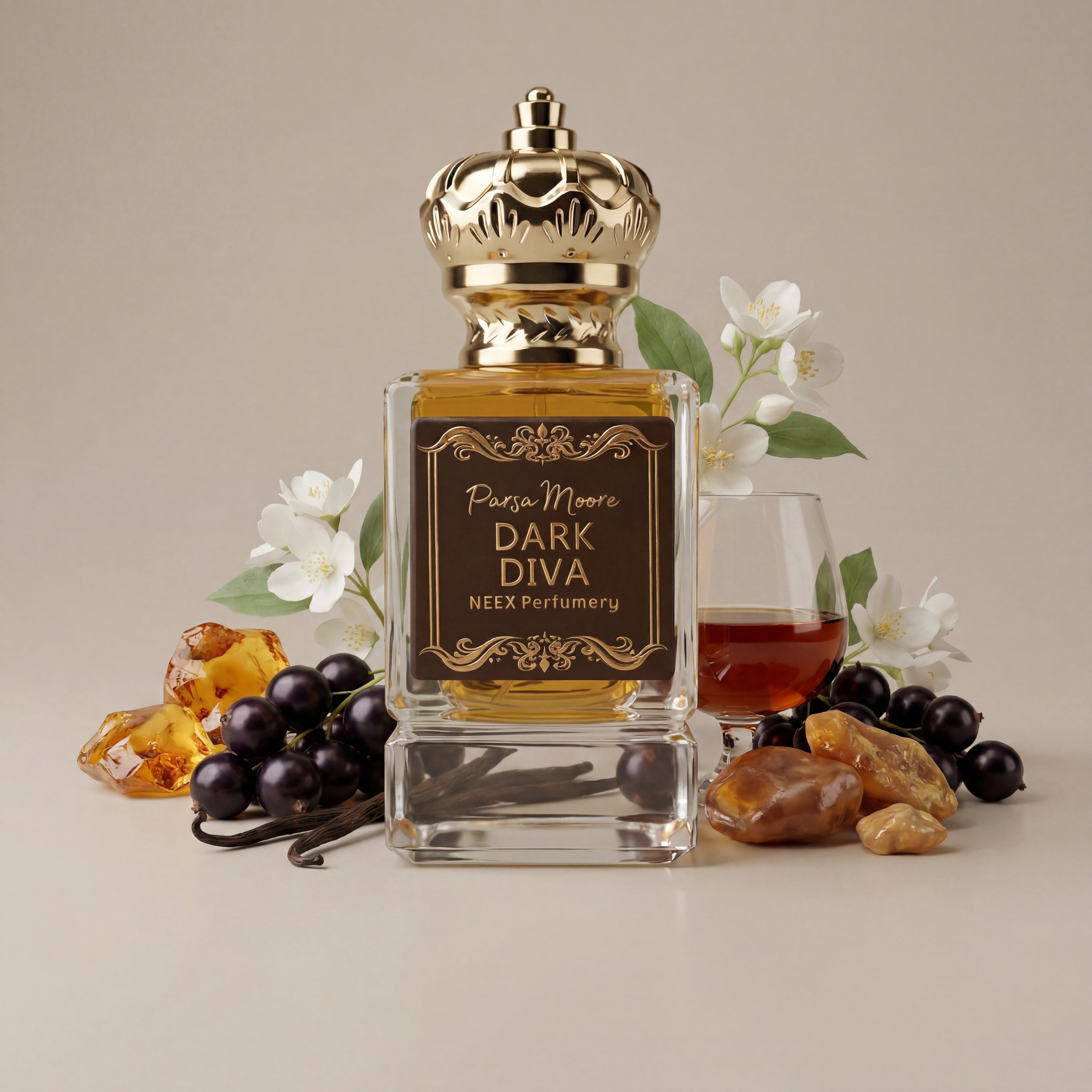 Perfume bottle labeled 'Dark Diva' by Parsa Moore NEEX Parfumery with flowers and fruits on a beige background