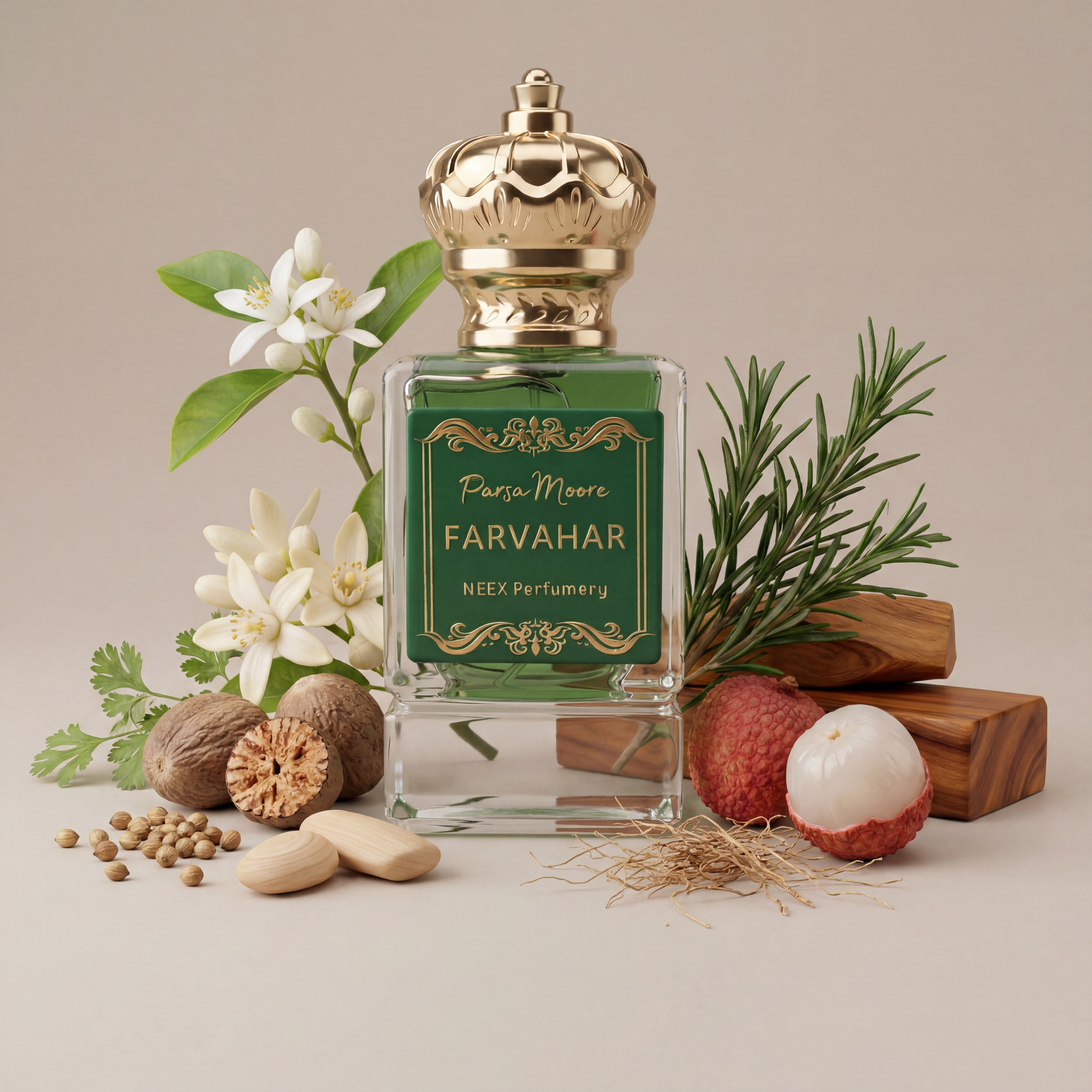 A perfume bottle labeled 'Parsa Moore FARVAHAR' by NEEX Perfumery, styled with botanical and food props including white flowers, walnuts, wood pieces, rosemary, and lychee on a beige background.