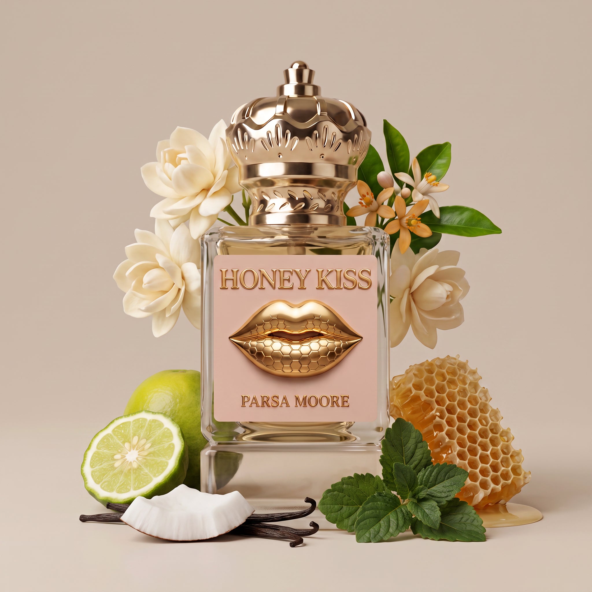 A perfume bottle labeled 'HONEY KISS' by Parsa Moore, styled with white flowers, a lime, vanilla bean, mint leaves, and a honeycomb piece on a warm beige background.