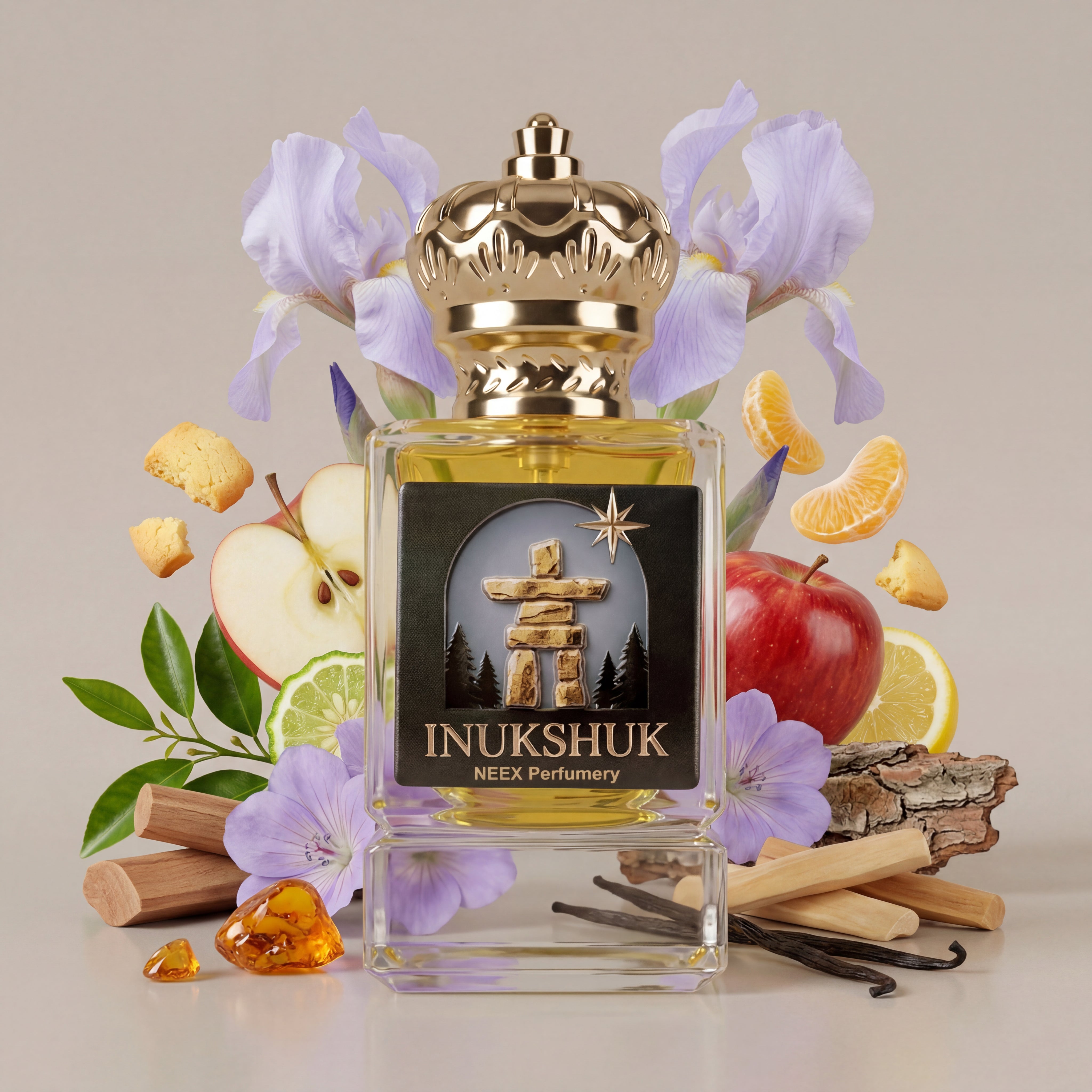 Perfume bottle labeled 'INUKSHUK' surrounded by fruits, flowers, and leaves on a neutral background