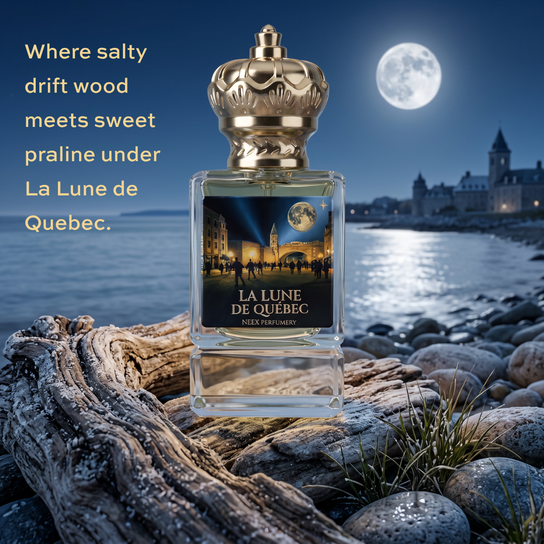 A perfume bottle labeled 'La Lune de Quebec' by NEEX Perfumery stands on a weathered log by the water, with rocks, a moonlit sky, and a distant castle in the background. Text on the left reads, 'Where salty drift wood meets sweet praline under La Lune de Quebec.