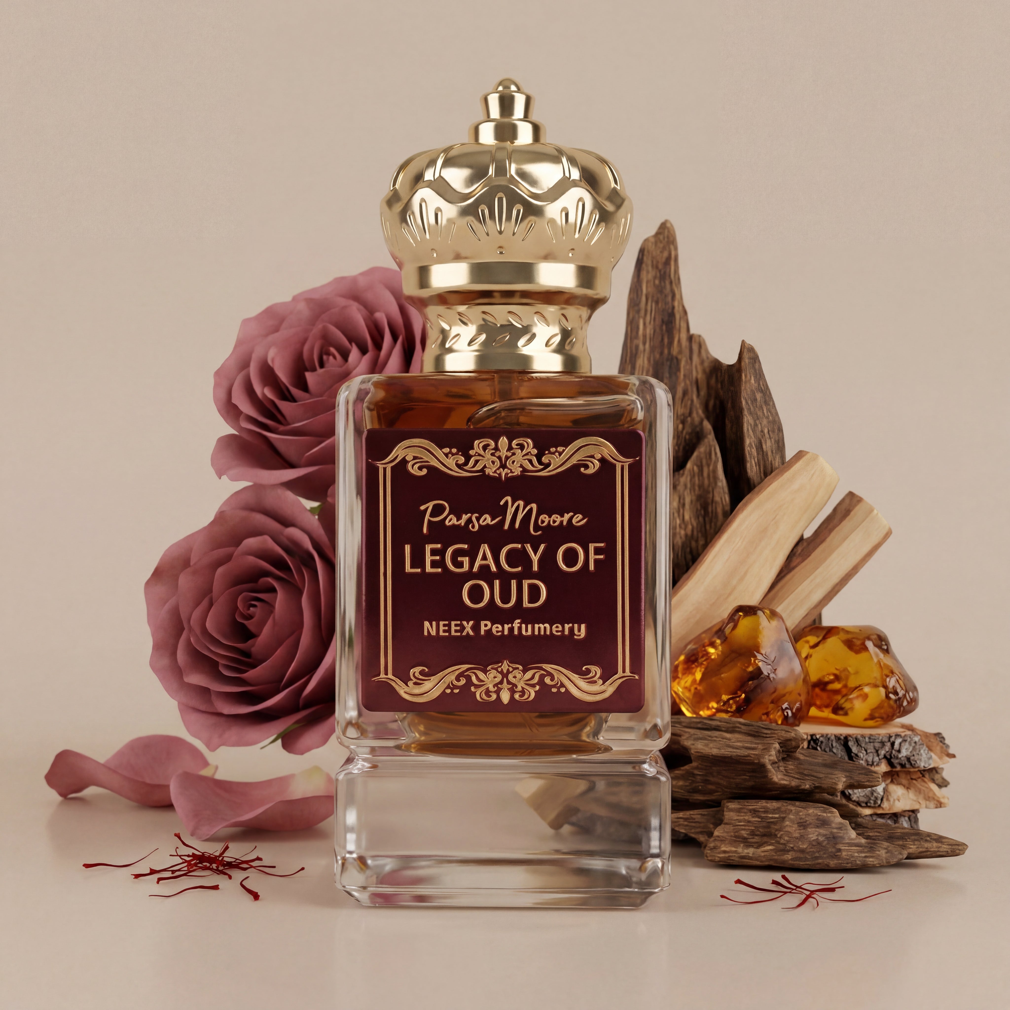 A rectangular glass perfume bottle with a gold crown cap, labeled 'Parsa Moore Legacy of Oud' by NEEX Perfumery, styled with dried woods, amber pieces, pink roses, and saffron threads on a beige background.