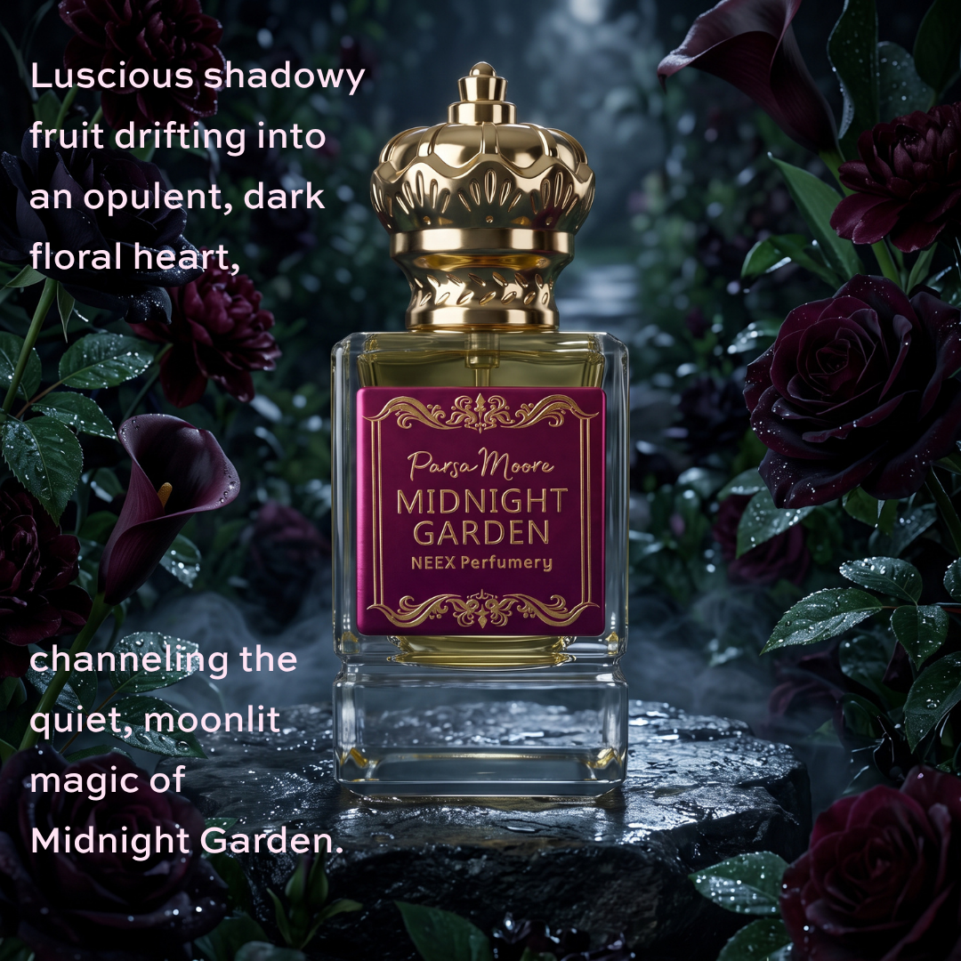 A rectangular glass perfume bottle with a decorative gold cap and a magenta label reading 'Parsa Moore Midnight Garden' and 'NEEX Perfumery,' set against a dark, moody floral background with roses and rain. White text overlays appear on the left side.