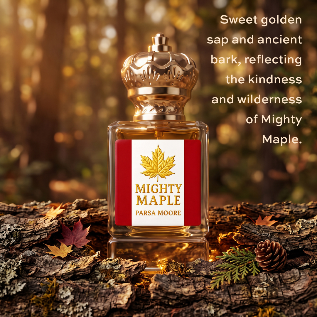 A glass perfume bottle with a gold cap and a red-and-white label reading 'MIGHTY MAPLE' and 'PARSA MOORE,' placed on a log outdoors with autumn leaves and a pine cone. Text on the right describes the scent as sweet golden sap and ancient bark, reflecting the kindness and wilderness of Mighty Maple.