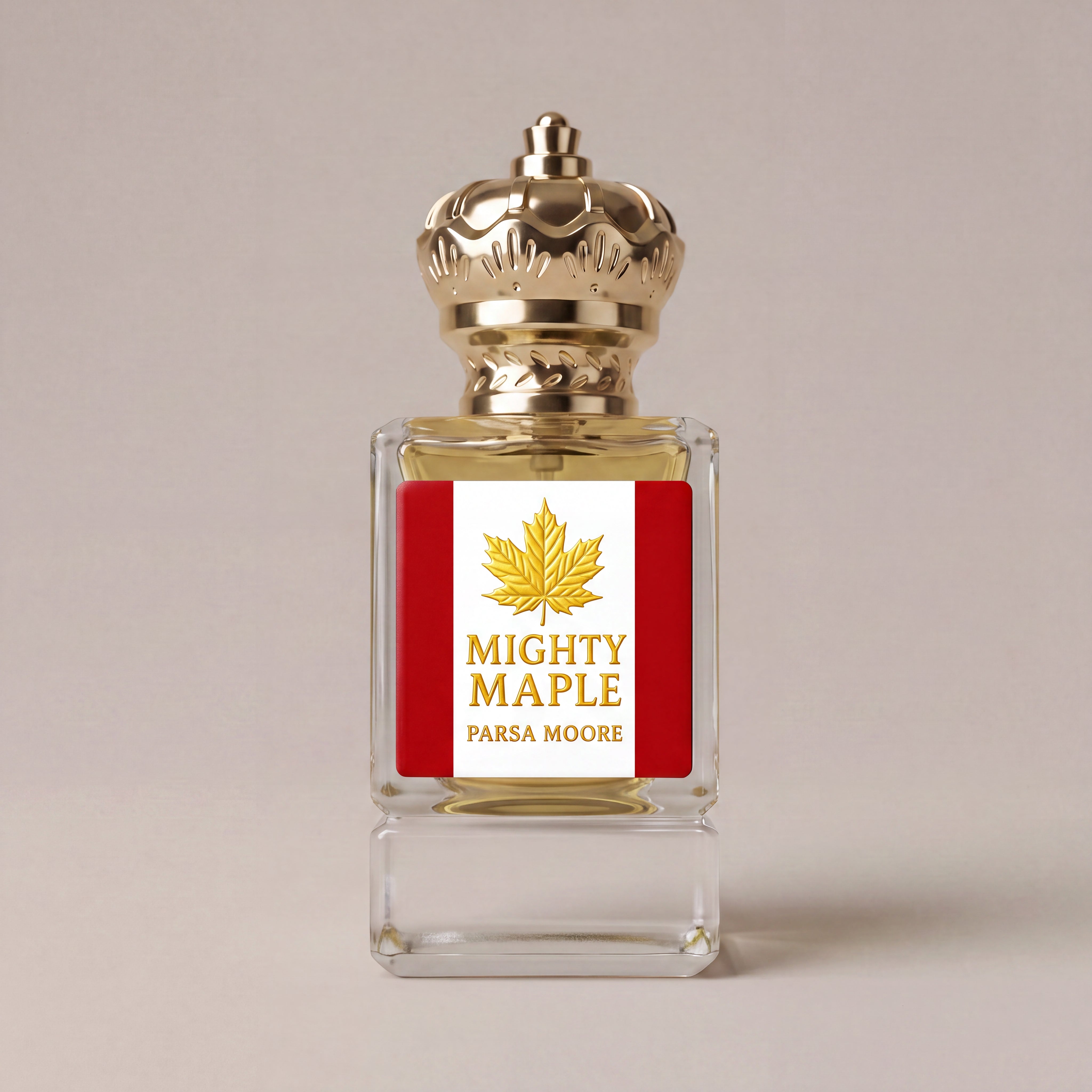 A square glass perfume bottle with a gold crown cap, filled with amber liquid. The bottle features a label with red side panels and a white center displaying a gold maple leaf and the text 'MIGHTY MAPLE' and 'PARSA MOORE'.