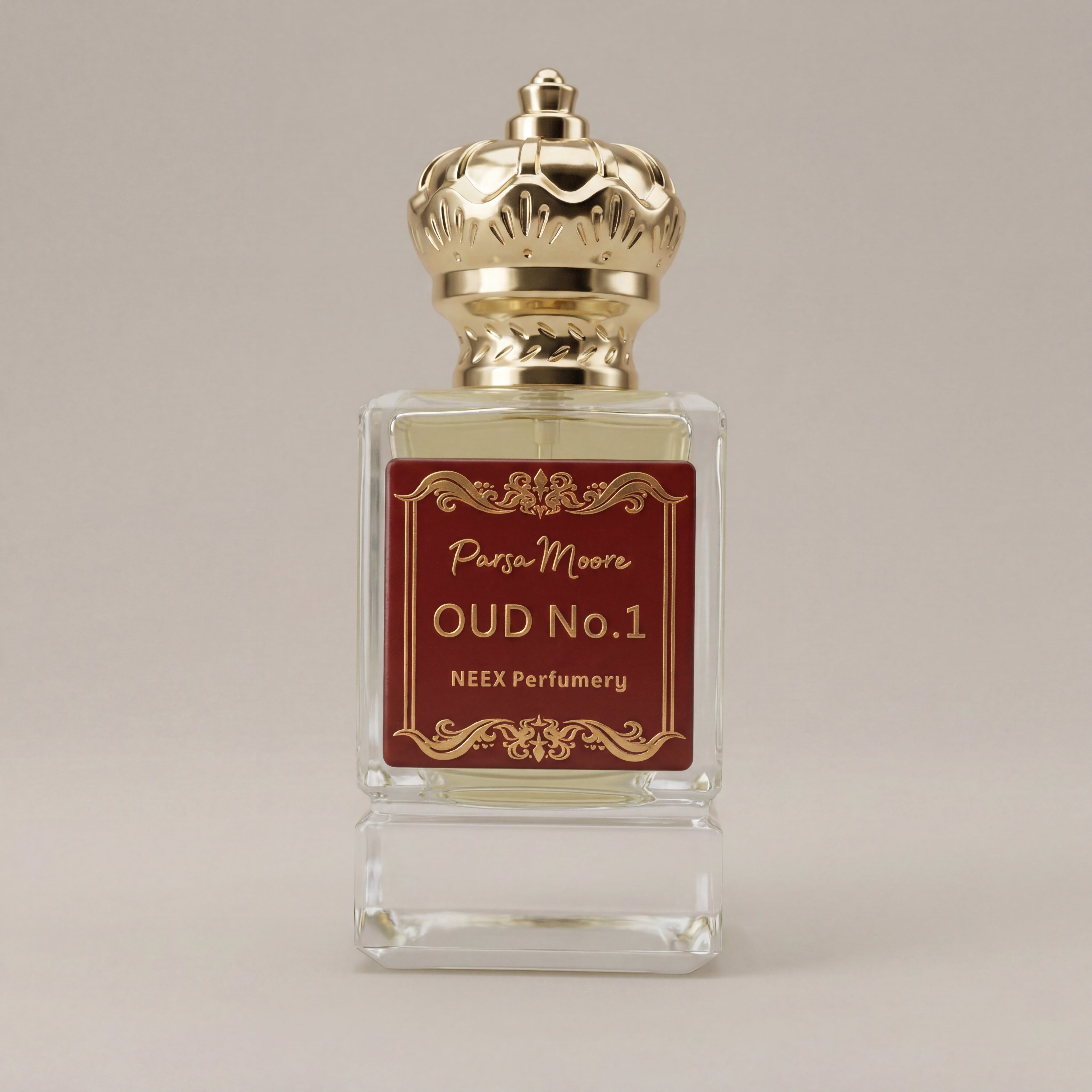 Perfume bottle with gold cap and red label on a beige background