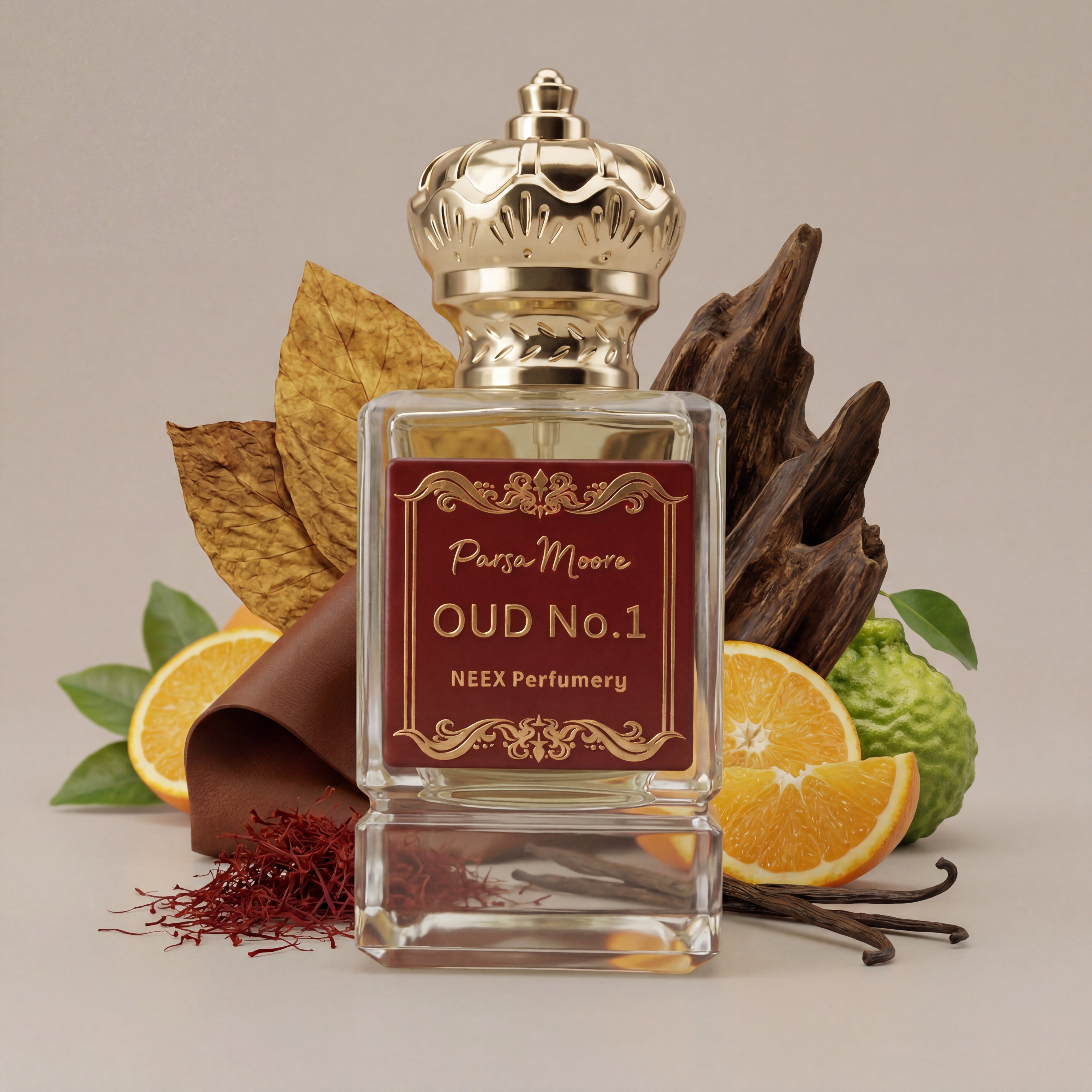 Perfume bottle labeled 'Oud No.1' by NEEX Perfumery with natural elements on a neutral background