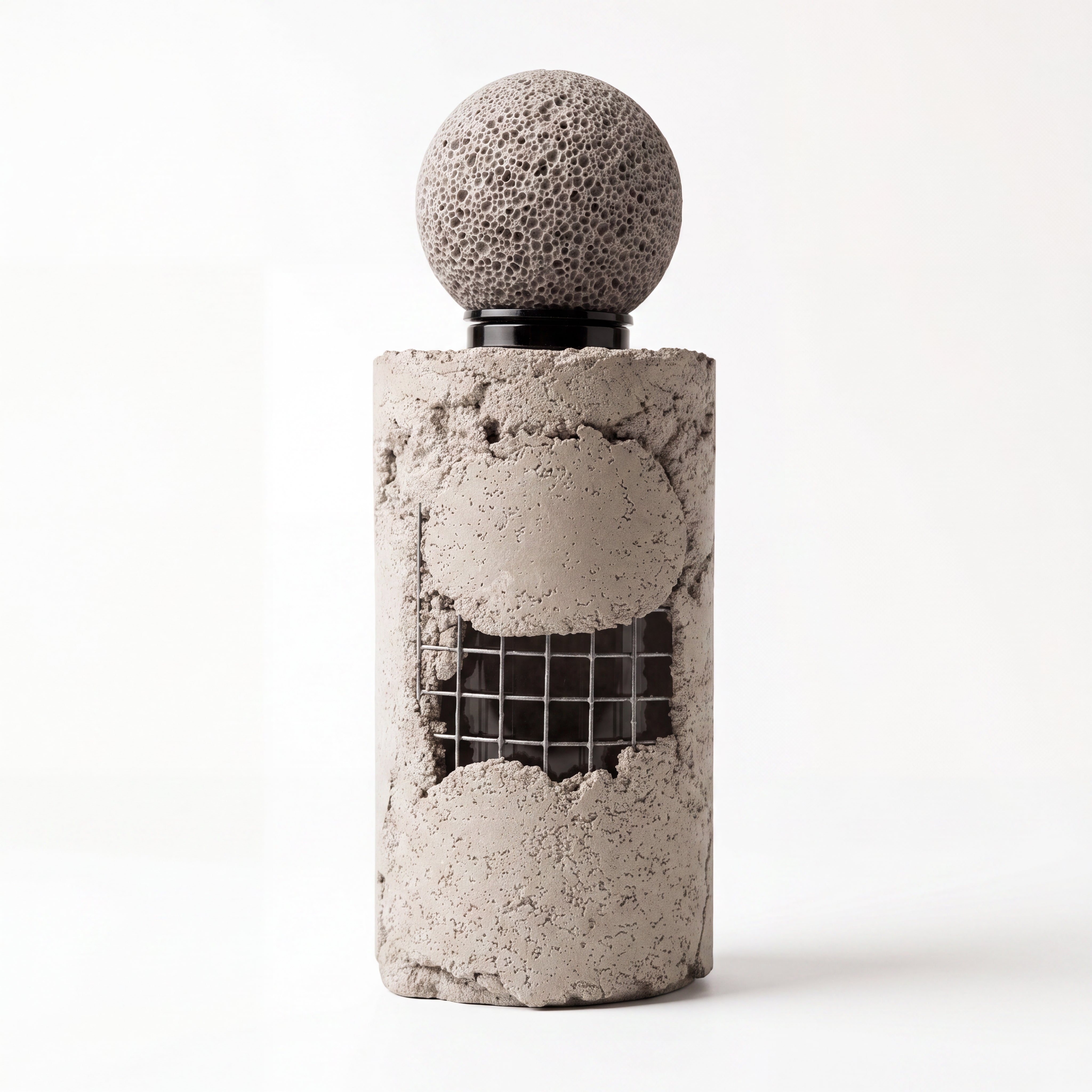 A decorative concrete-textured cylindrical container or vase with a spherical textured top, shown on a clean white studio background.