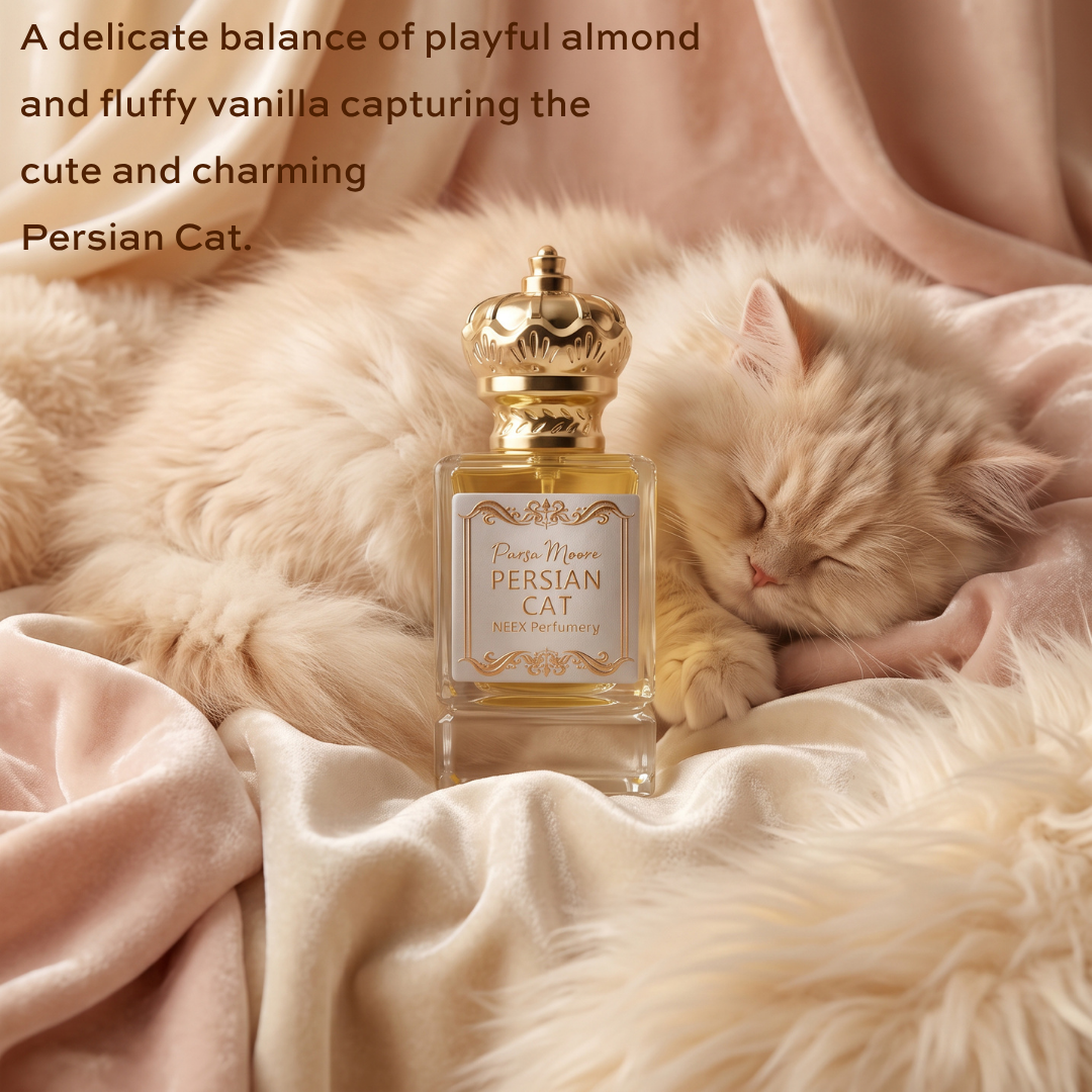 A perfume bottle labeled 'Parsa Moore Persian Cat' sits on soft pink satin and faux fur bedding next to a sleeping fluffy cream Persian cat. Text in the upper left reads, 'A delicate balance of playful almond and fluffy vanilla capturing the cute and charming Persian Cat.
