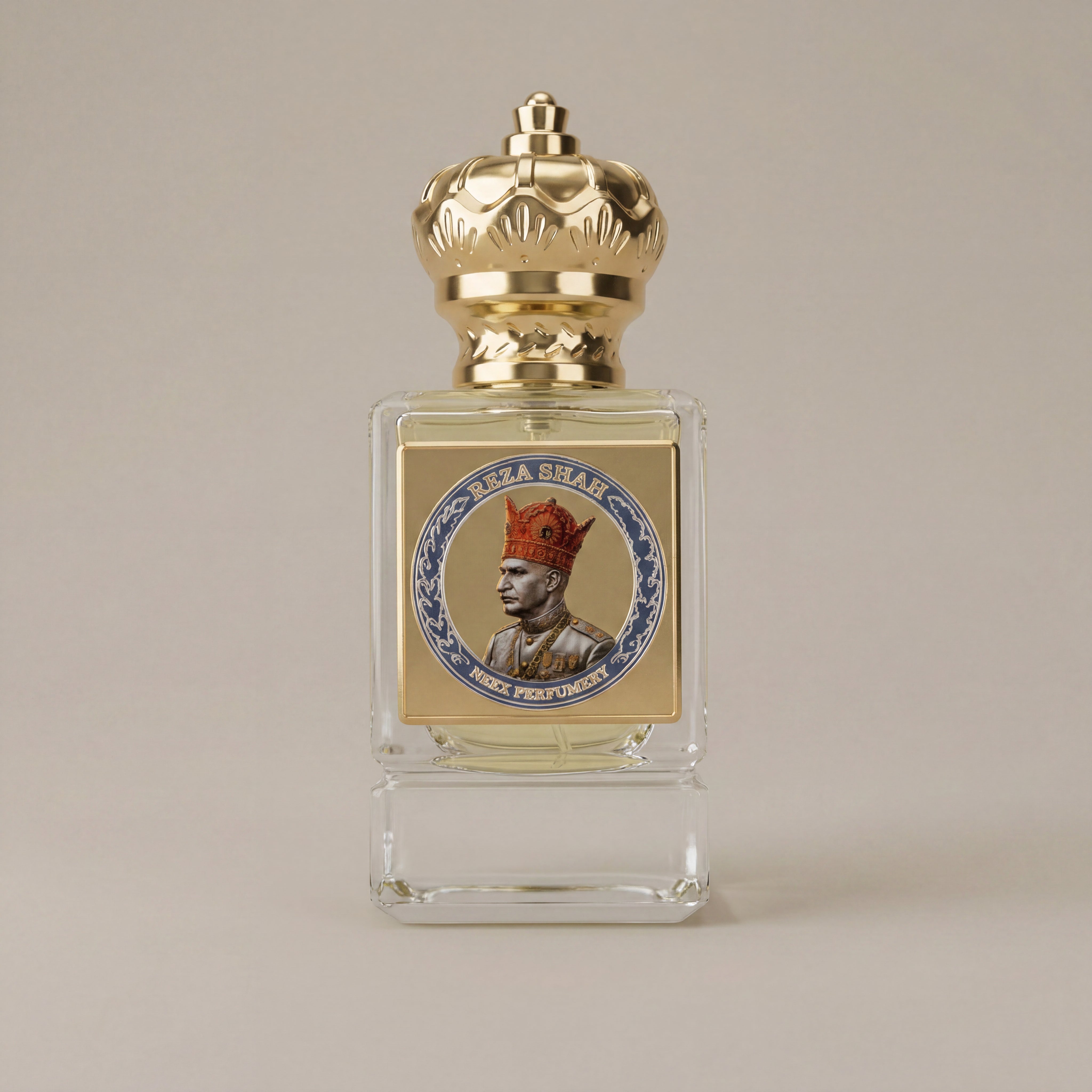 Perfume bottle with gold cap and label featuring a portrait on a beige background