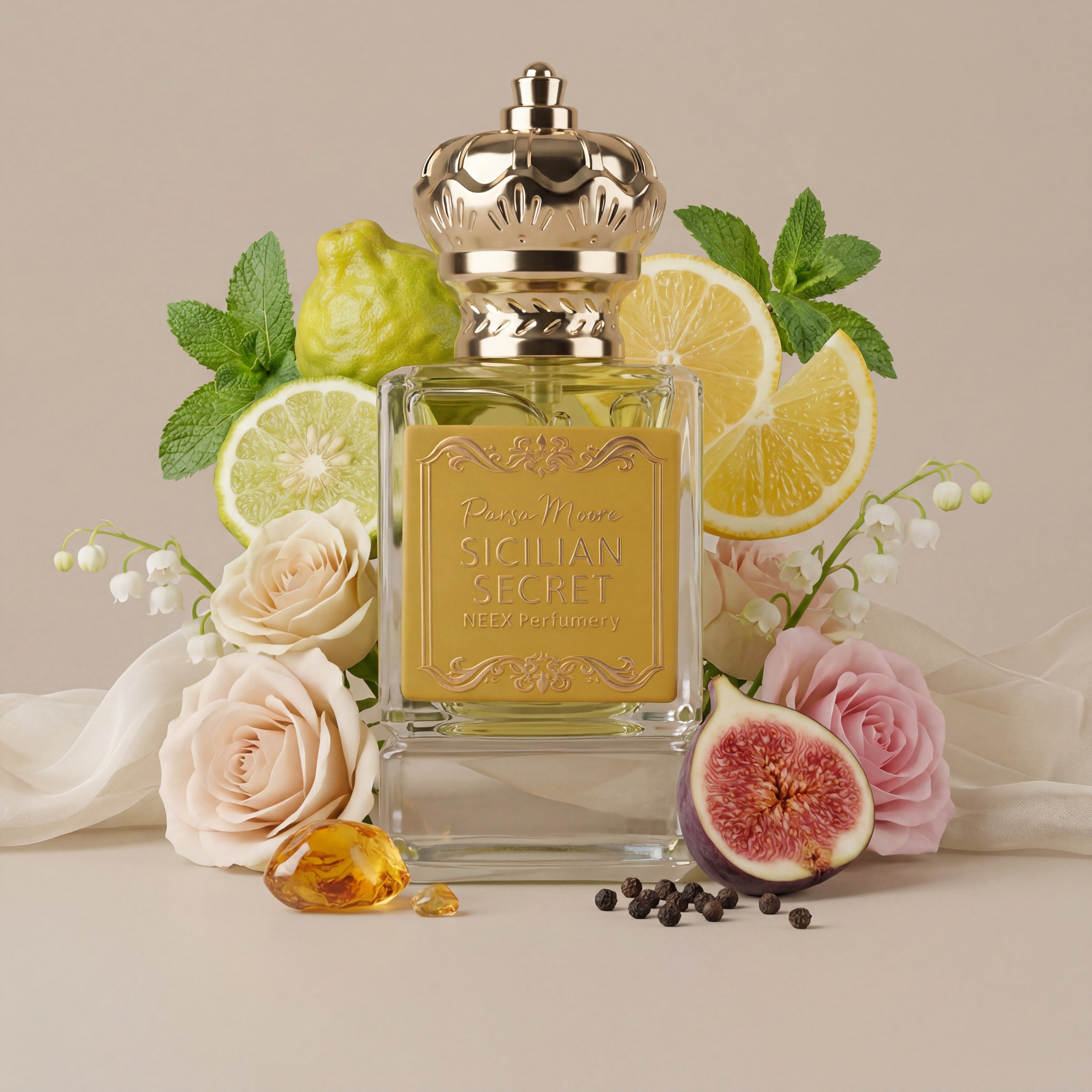 Perfume bottle labeled 'Sicilian Secret' surrounded by fruits and flowers on a beige background