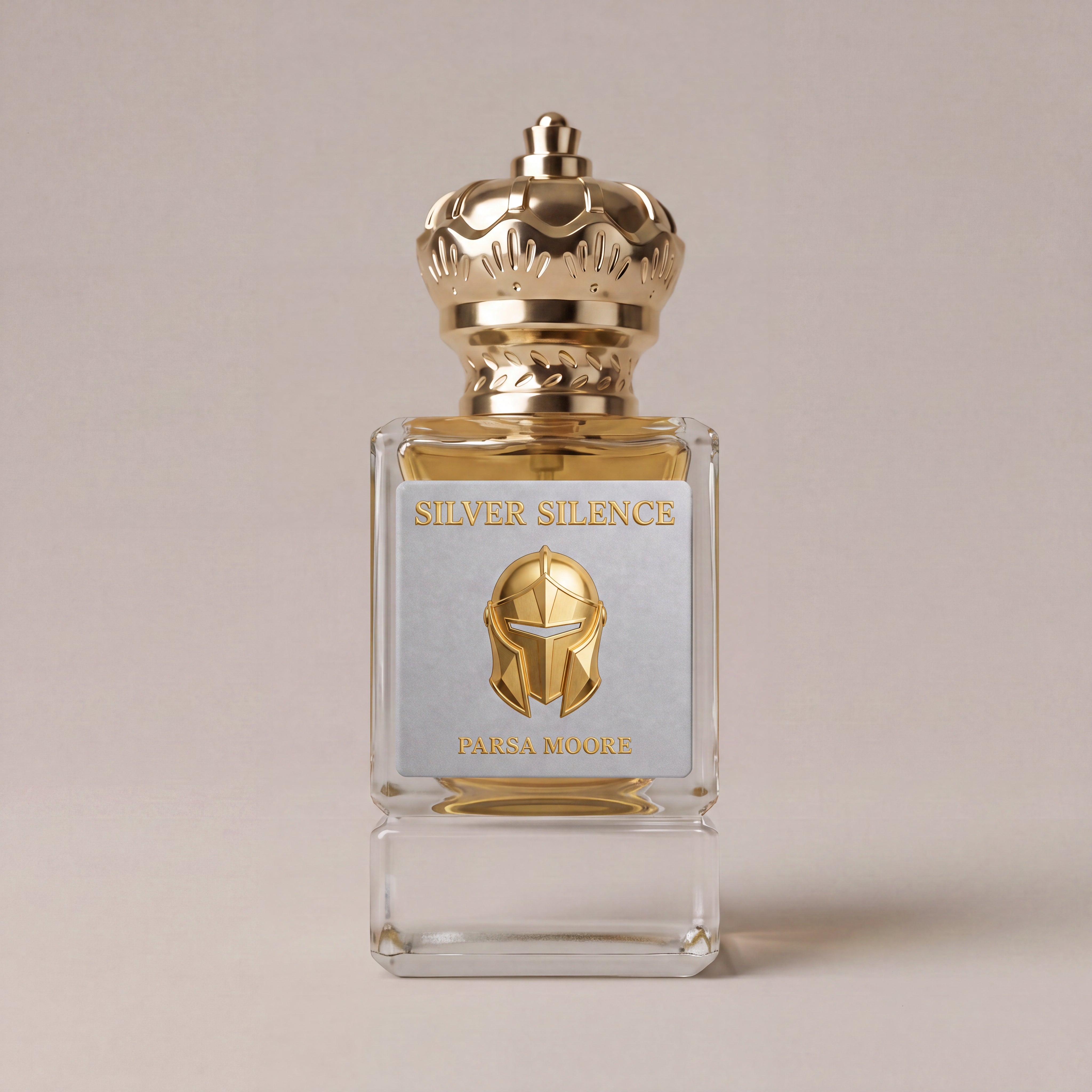 A rectangular glass perfume bottle with a metallic gold crown cap, featuring a silver label with a gold helmet logo and the text 'SILVER SILENCE' and 'PARSA MOORE'.