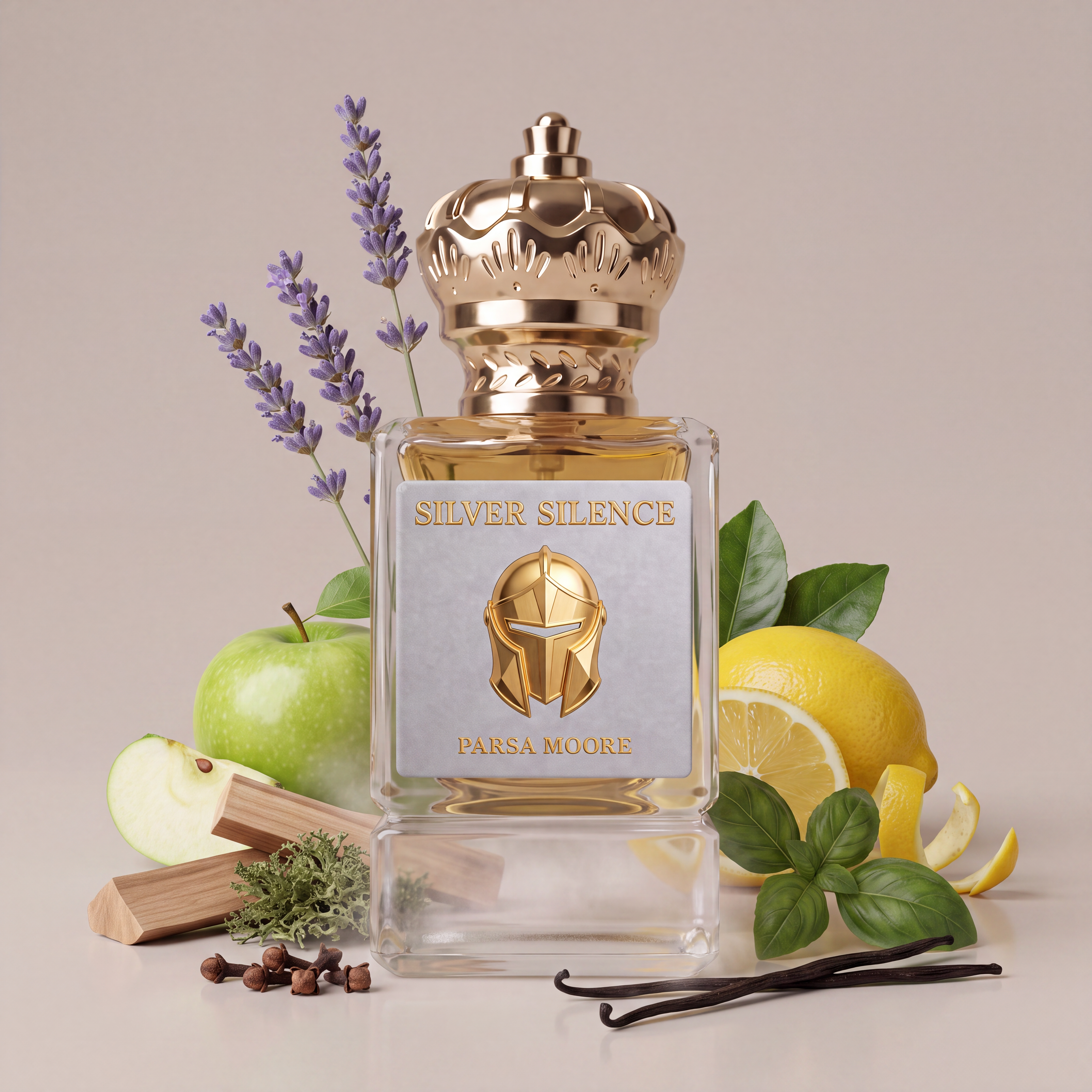 A clear glass perfume bottle with a metallic gold crown cap and a silver label reading 'SILVER SILENCE' and 'PARSA MOORE,' styled with an apple, lemon slices, basil, lavender, vanilla beans, and small wood pieces on a beige background.
