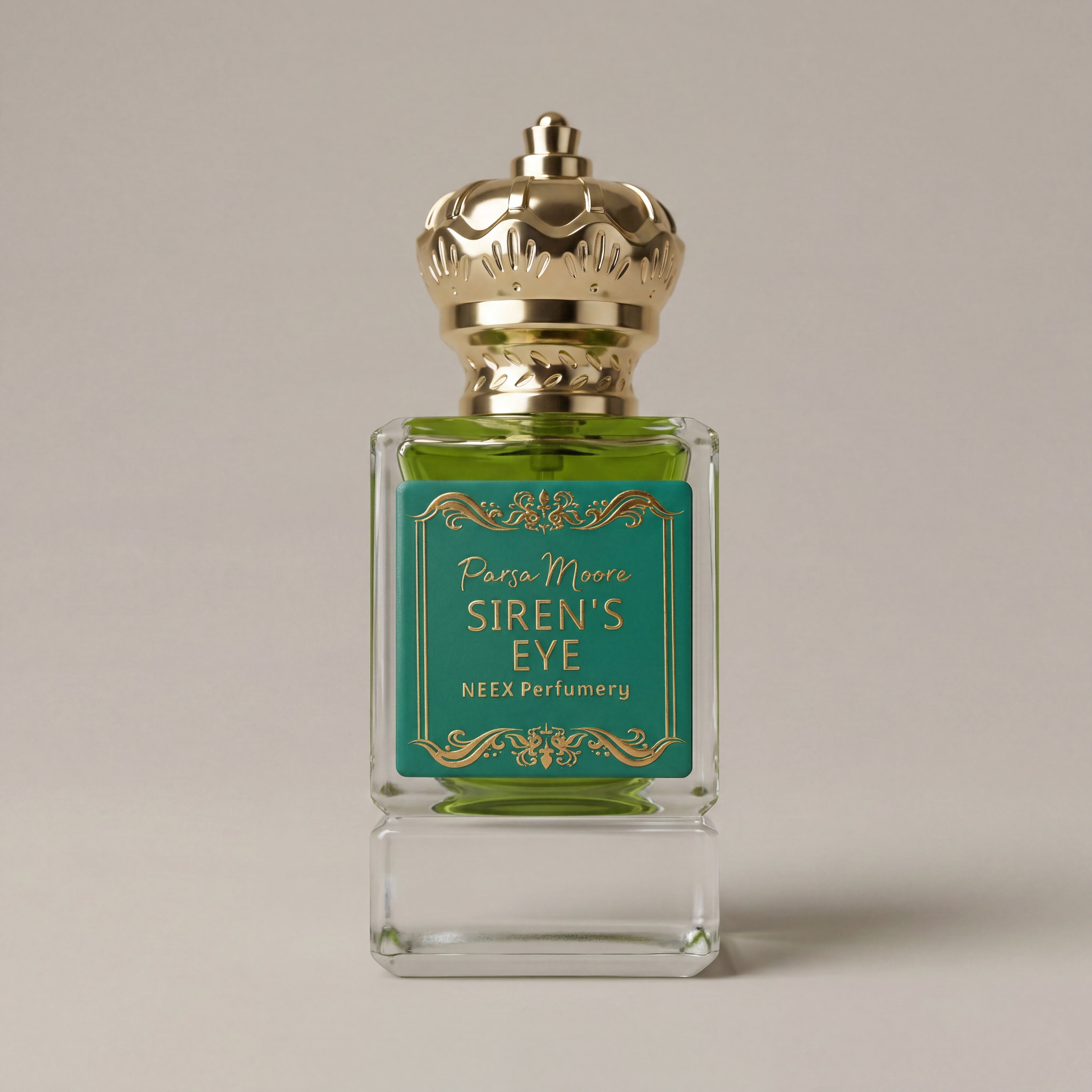 Perfume bottle labeled 'Siren's Eye' by NEEX Perfumery on a beige background