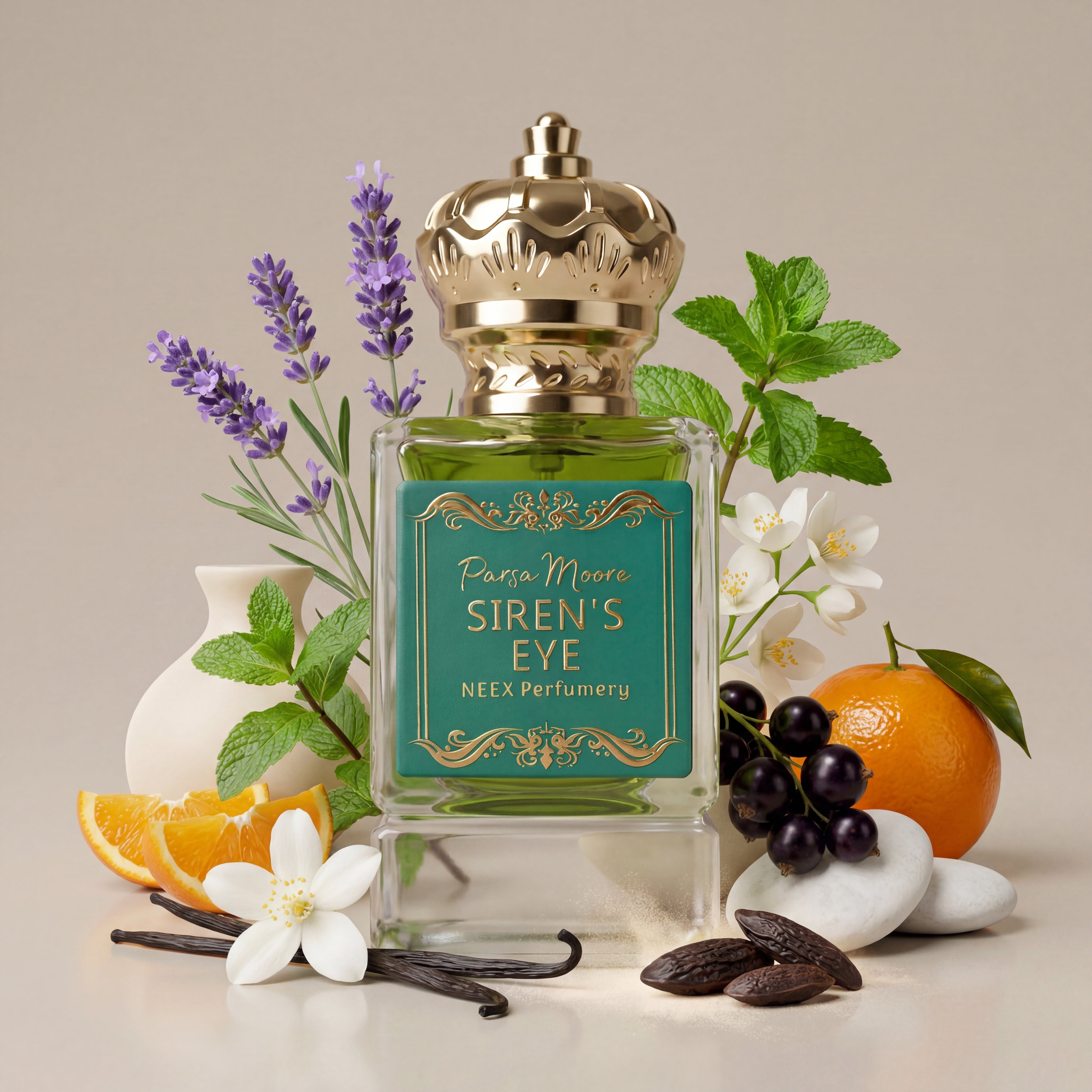 A perfume bottle labeled 'Siren's Eye' by Parsa Moore and NEEX Perfumery, styled with lavender, mint, white flowers, orange slices, grapes, vanilla beans, and white stones on a beige background.