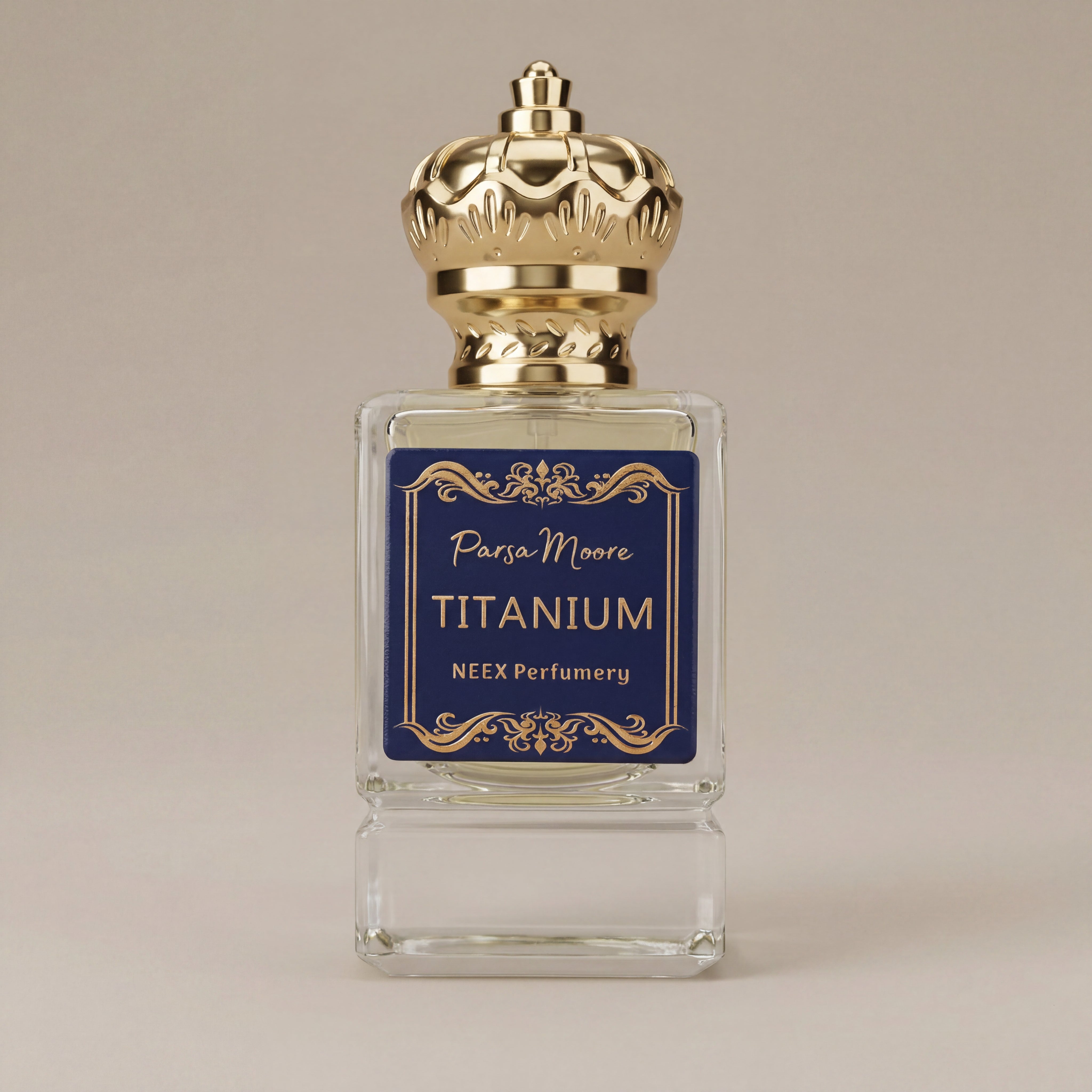 Perfume bottle with gold cap and blue label on a beige background