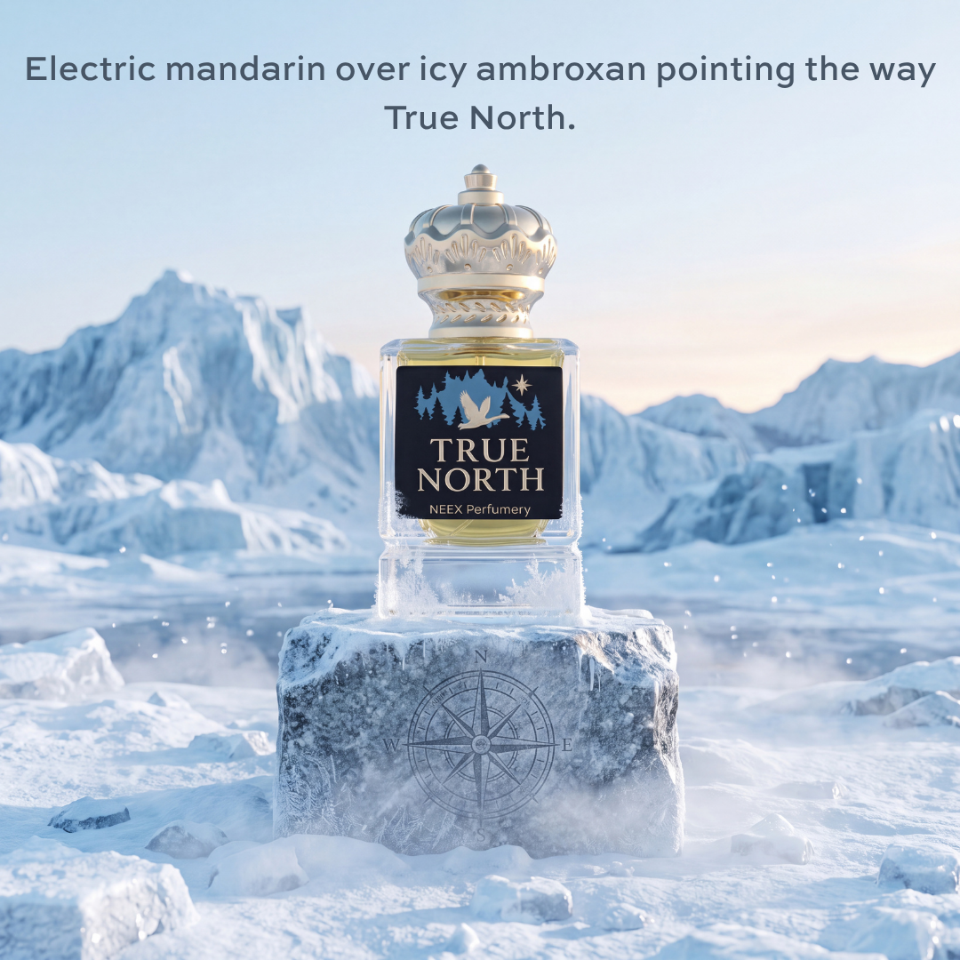 A perfume bottle labeled TRUE NORTH by NEEX Perfumery stands on a stone pedestal in a snowy icy landscape with mountains in the background. Text at the top reads, 'Electric mandarin over icy ambroxan pointing the way True North.