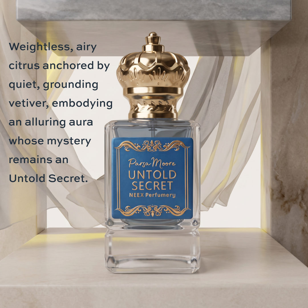 A perfume bottle labeled 'Parsa Moore UNTOLD SECRET' by NEEX Perfumery, featuring a blue label and ornate gold cap, displayed on a shelf with draped fabric and marble-like surroundings. Text on the left describes the scent profile.
