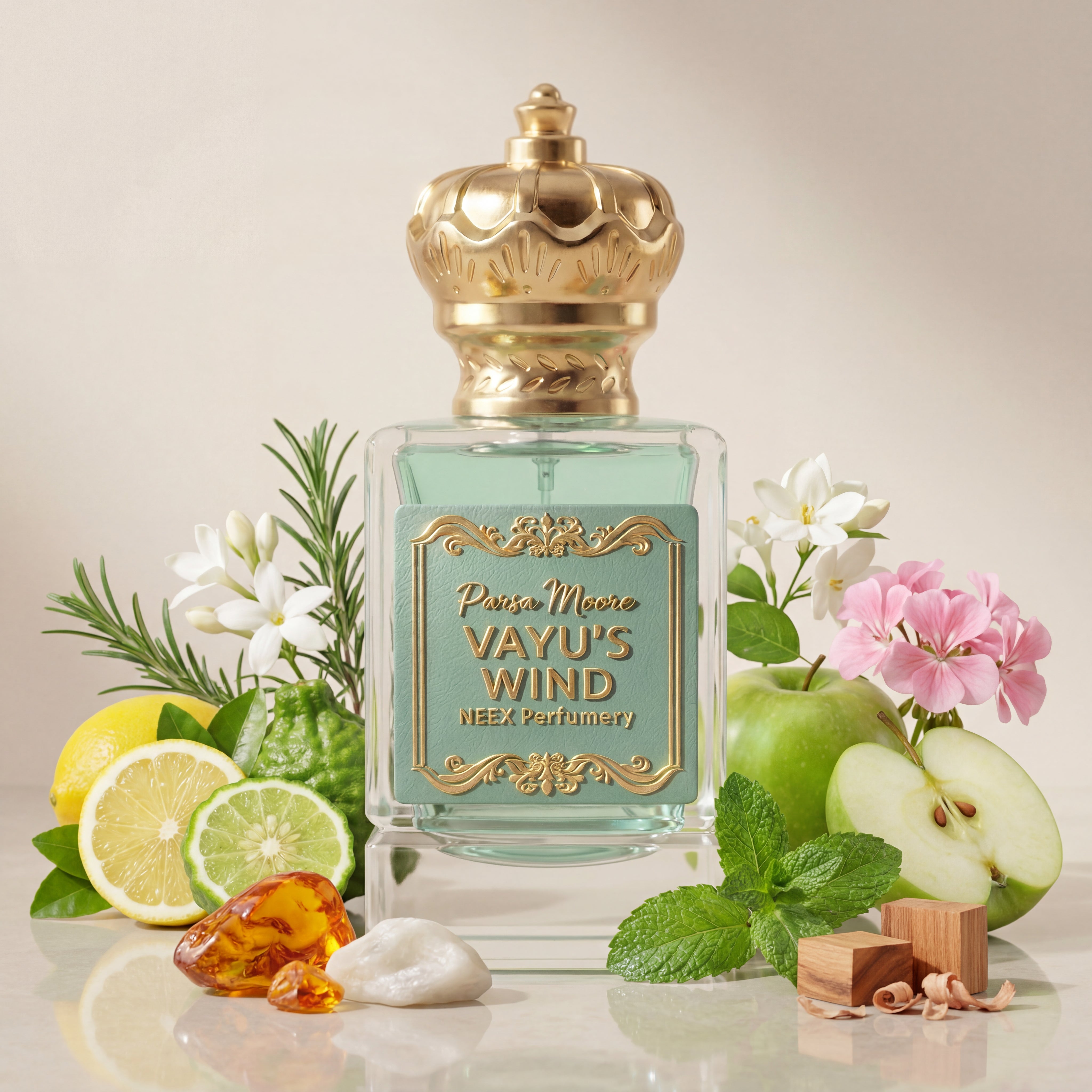 A perfume bottle labeled 'Parsa Moore VAYU'S WIND' by NEEX Perfumery, styled with citrus slices, flowers, green apples, mint, and amber crystals on a light beige background.