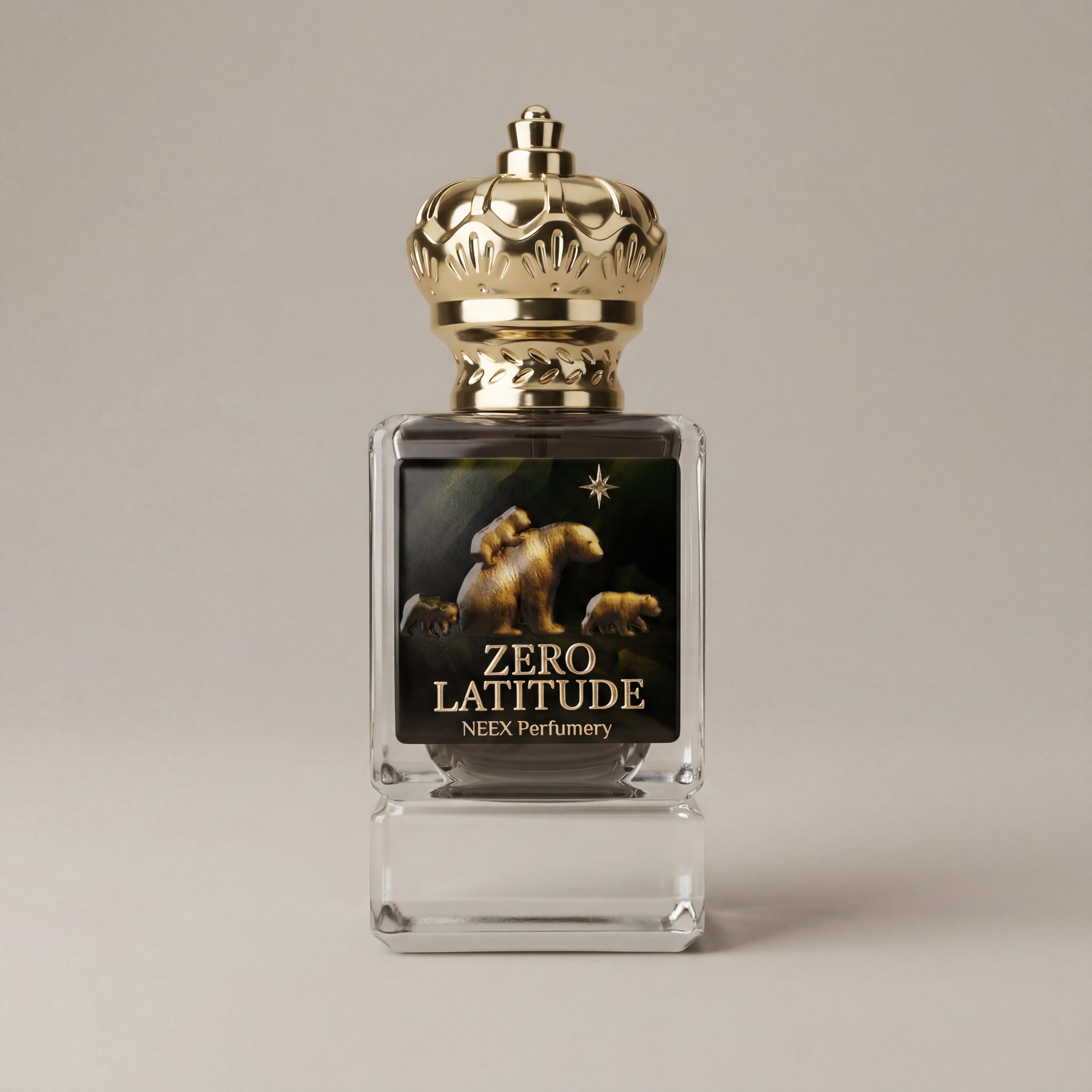 Perfume bottle labeled 'Zero Latitude' by NEEX Perfumery with a gold cap on a beige background