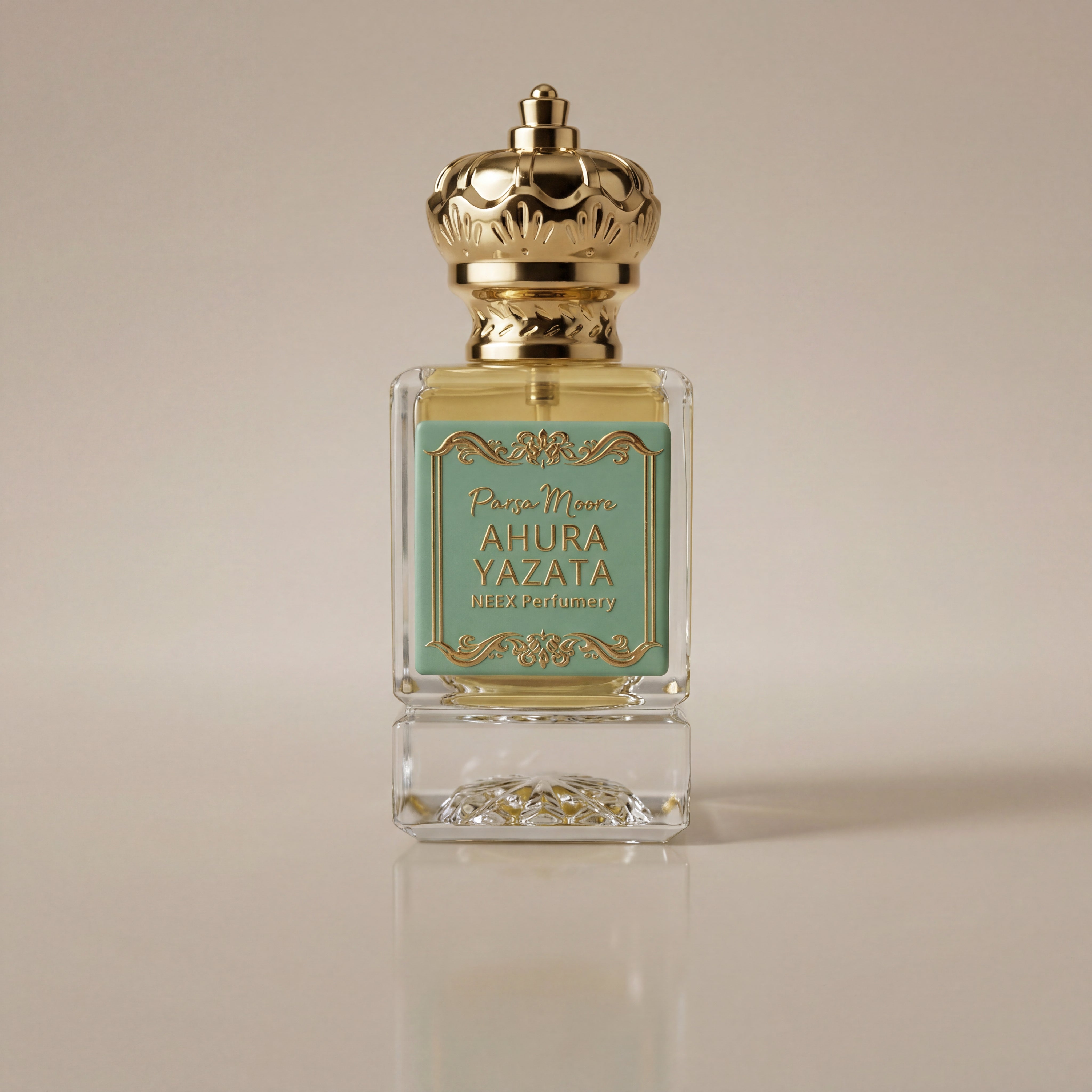 Perfume bottle with gold cap and decorative label on a beige background
