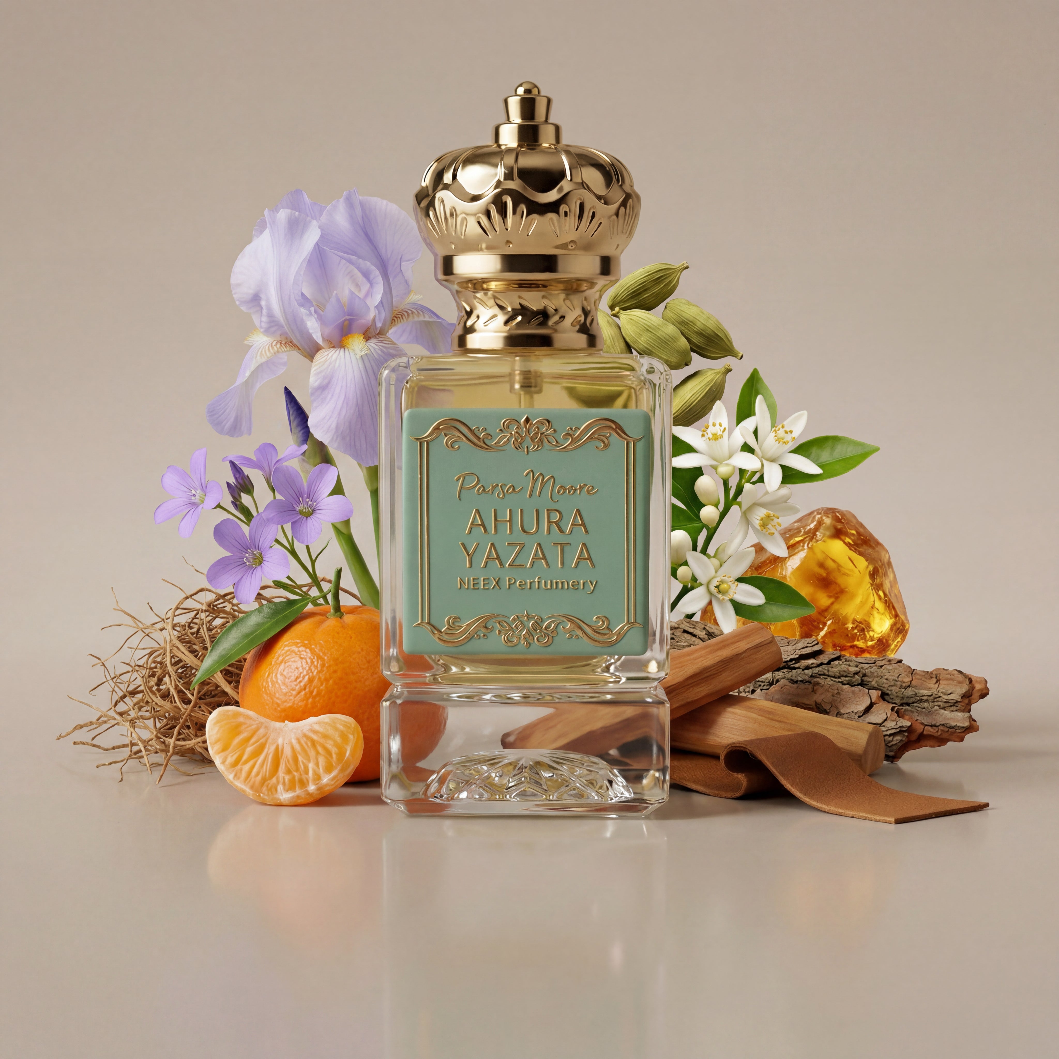 Perfume bottle labeled 'Ahura Yazata' surrounded by flowers, fruits, and wood on a neutral background