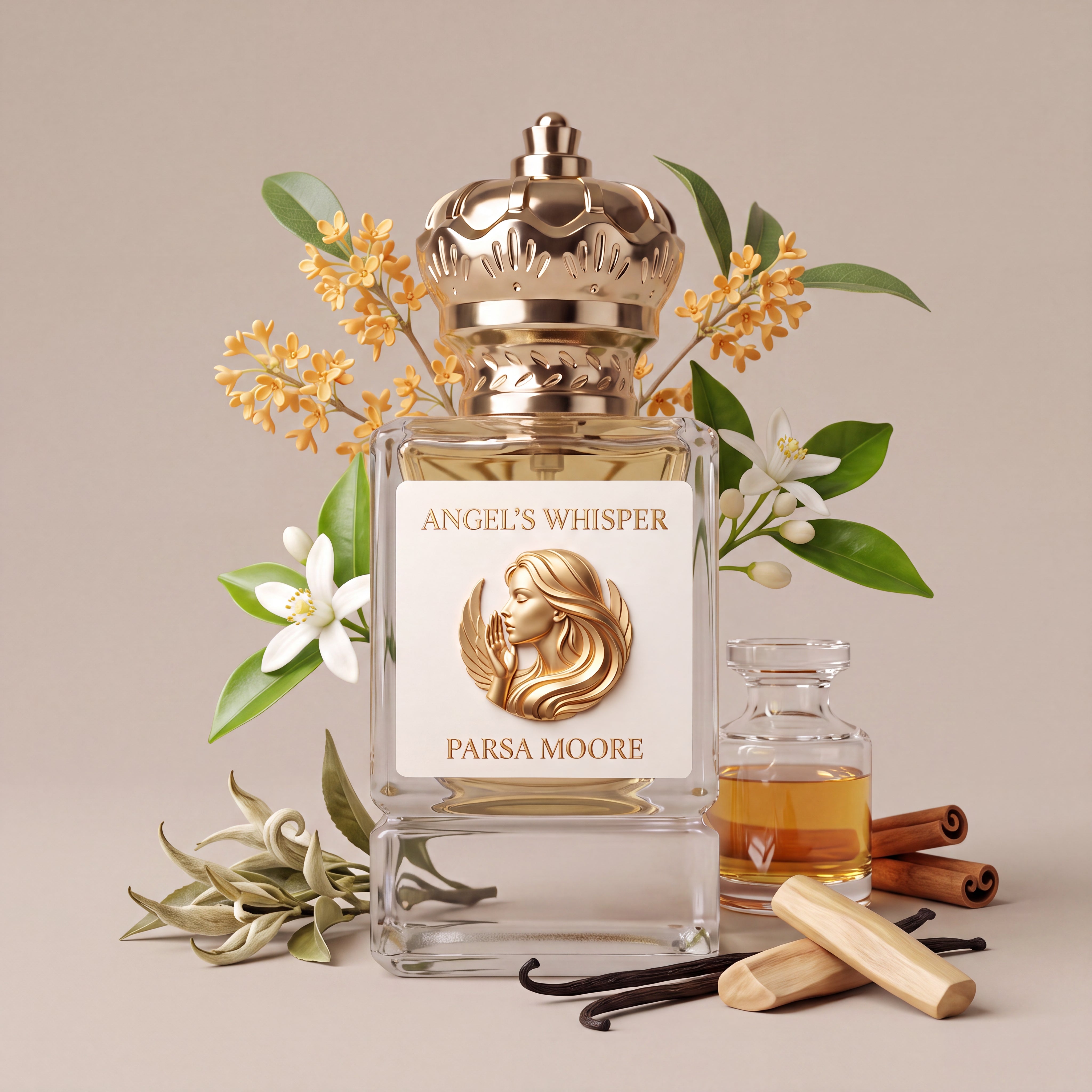 A perfume bottle labeled 'ANGEL'S WHISPER' and 'PARSA MOORE' stands centered on a beige background, surrounded by flowers, green leaves, cinnamon sticks, vanilla beans, and a small glass bottle of amber liquid.