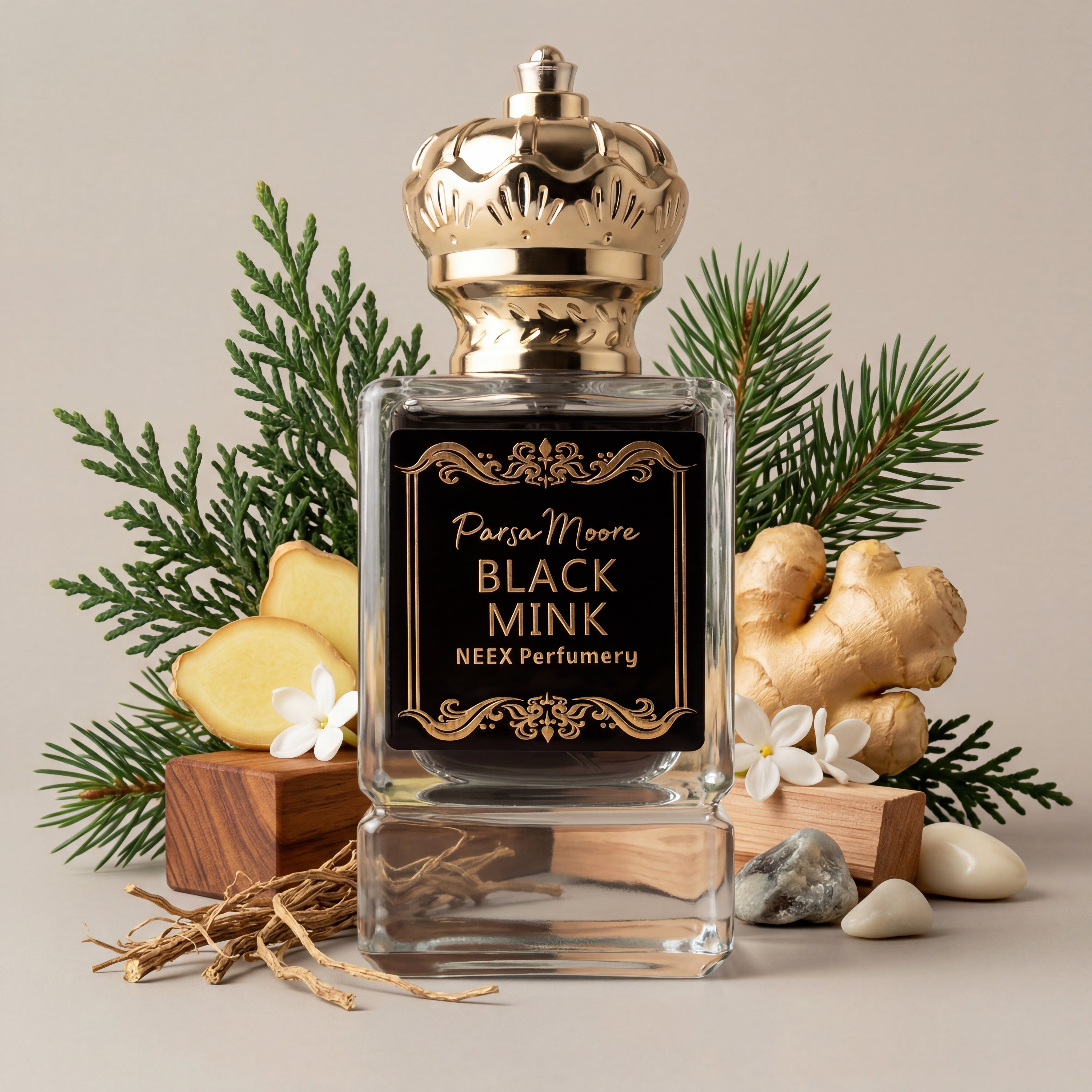 A rectangular glass perfume bottle with a shiny gold crown cap, labeled 'Para'a Moore BLACK MINK' by 'NEEX Perfumery', styled with ginger root, eucalyptus leaves, white flowers, and small stones on a beige background.