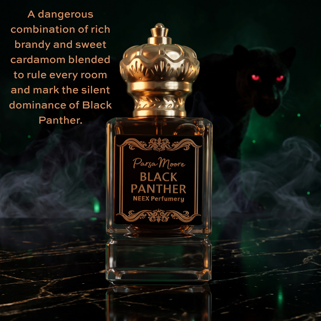 A rectangular glass perfume bottle with a decorative gold cap and a black label reading 'Paraa-Moore BLACK PANTHER NEEA Perfumery,' set on a dark reflective surface with smoky green lighting and a black panther silhouette in the background.