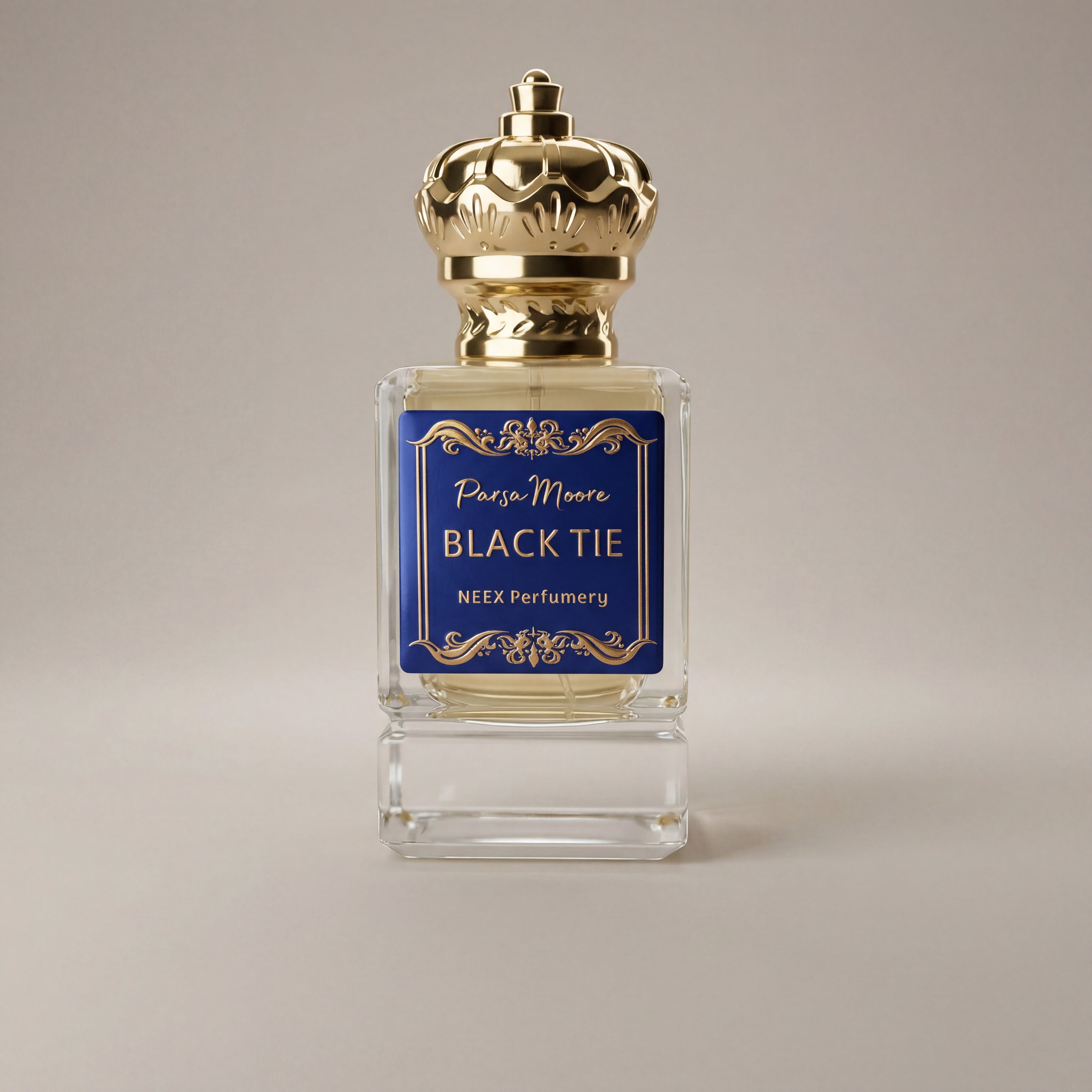Perfume bottle with gold cap and blue label on a beige background