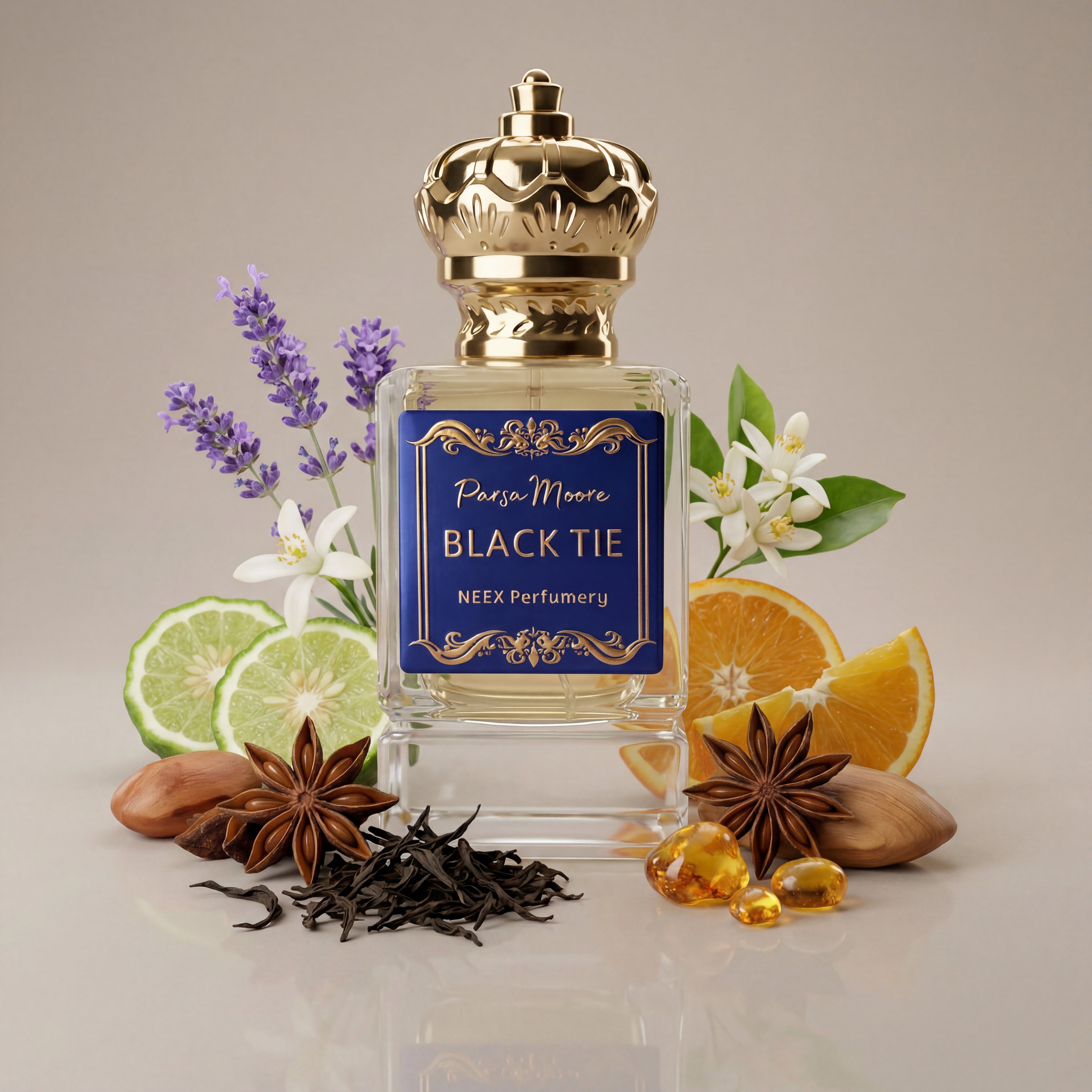 Perfume bottle labeled 'Black Tie' by Nexx Perfumery with floral and fruit elements on a neutral background