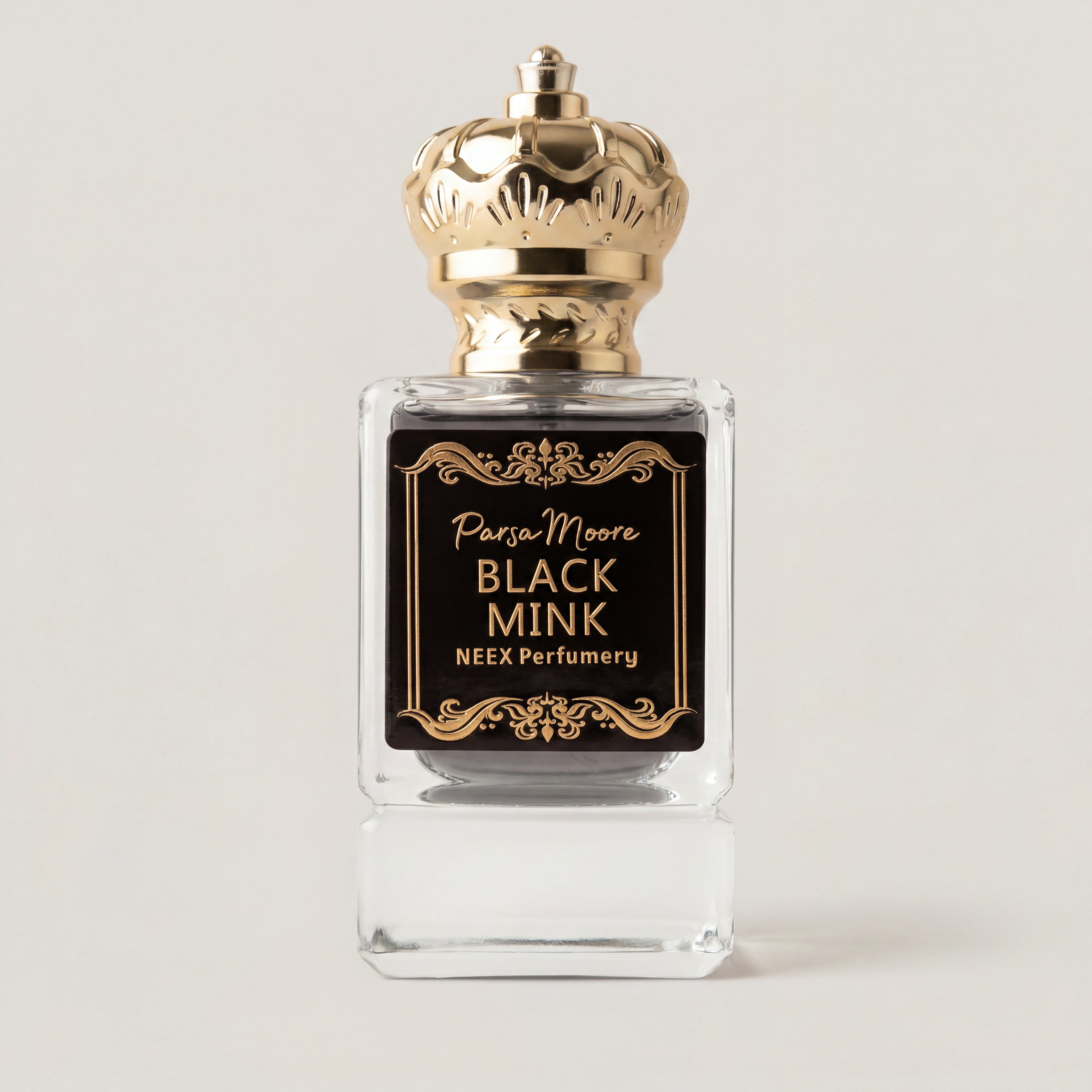 Perfume bottle labeled 'Black Mink' by Parsa Moore on a light gray background