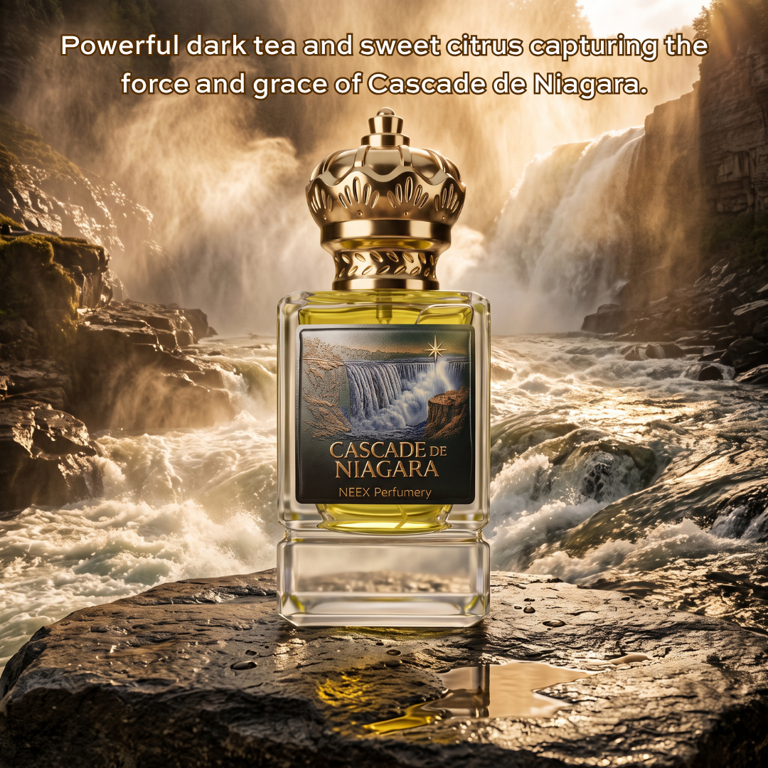 Cascade de Niagara perfume bottle by NEEX Perfumery, featuring a gold crown cap and a scenic label, set against a dramatic waterfall background with descriptive text at the top.