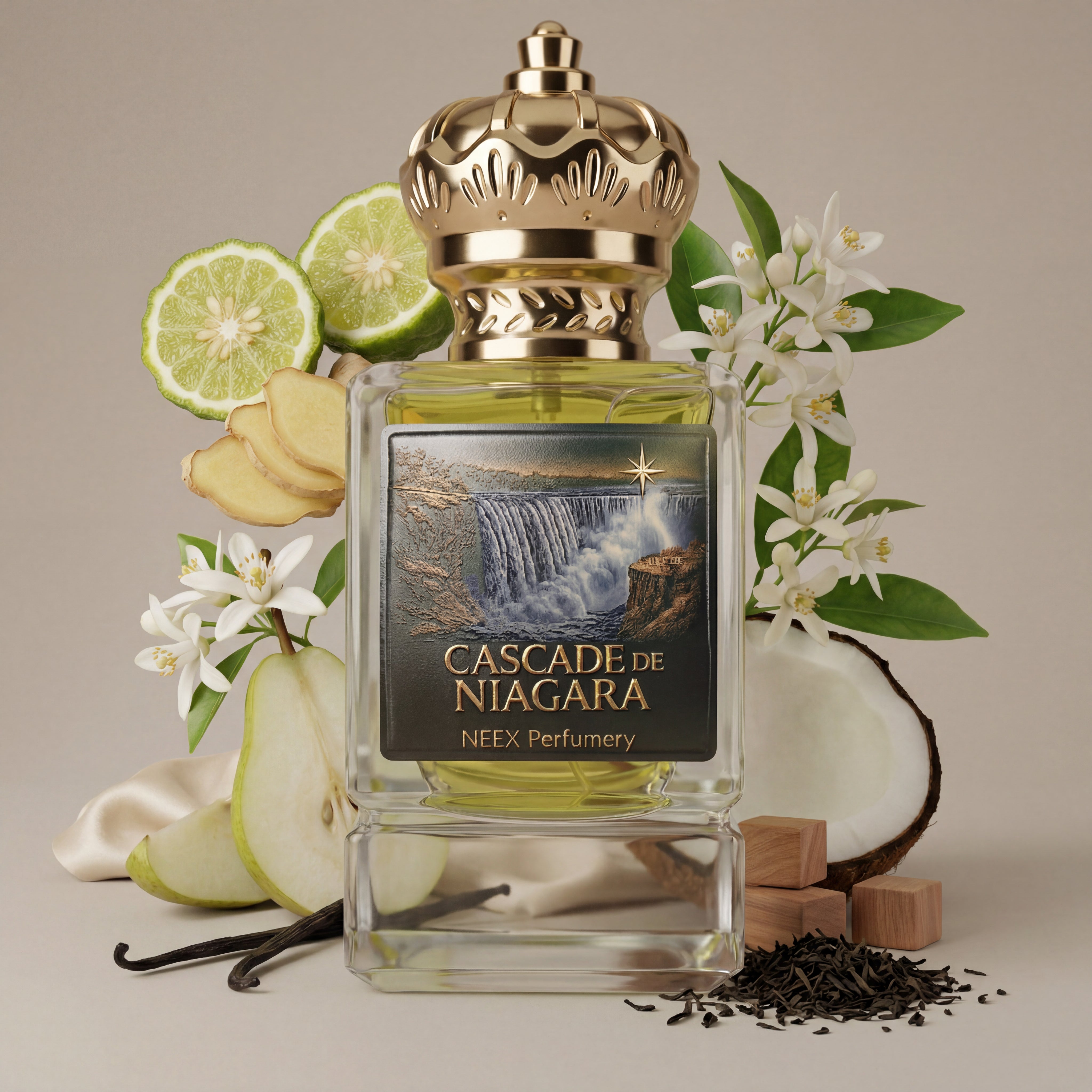 Perfume bottle labeled 'Cascade de Niagara' surrounded by fruits, flowers, and leaves on a neutral background