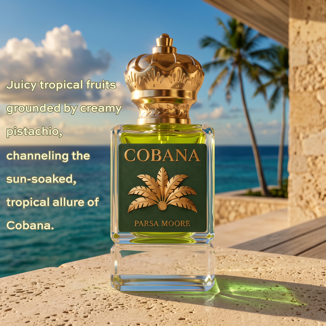 A perfume bottle labeled COBANA by Parsa Moore, filled with yellow-green liquid and topped with an ornate gold cap, set on a stone ledge with a tropical ocean and palm tree background. Text on the left describes the scent as juicy tropical fruits grounded by creamy pistachio.