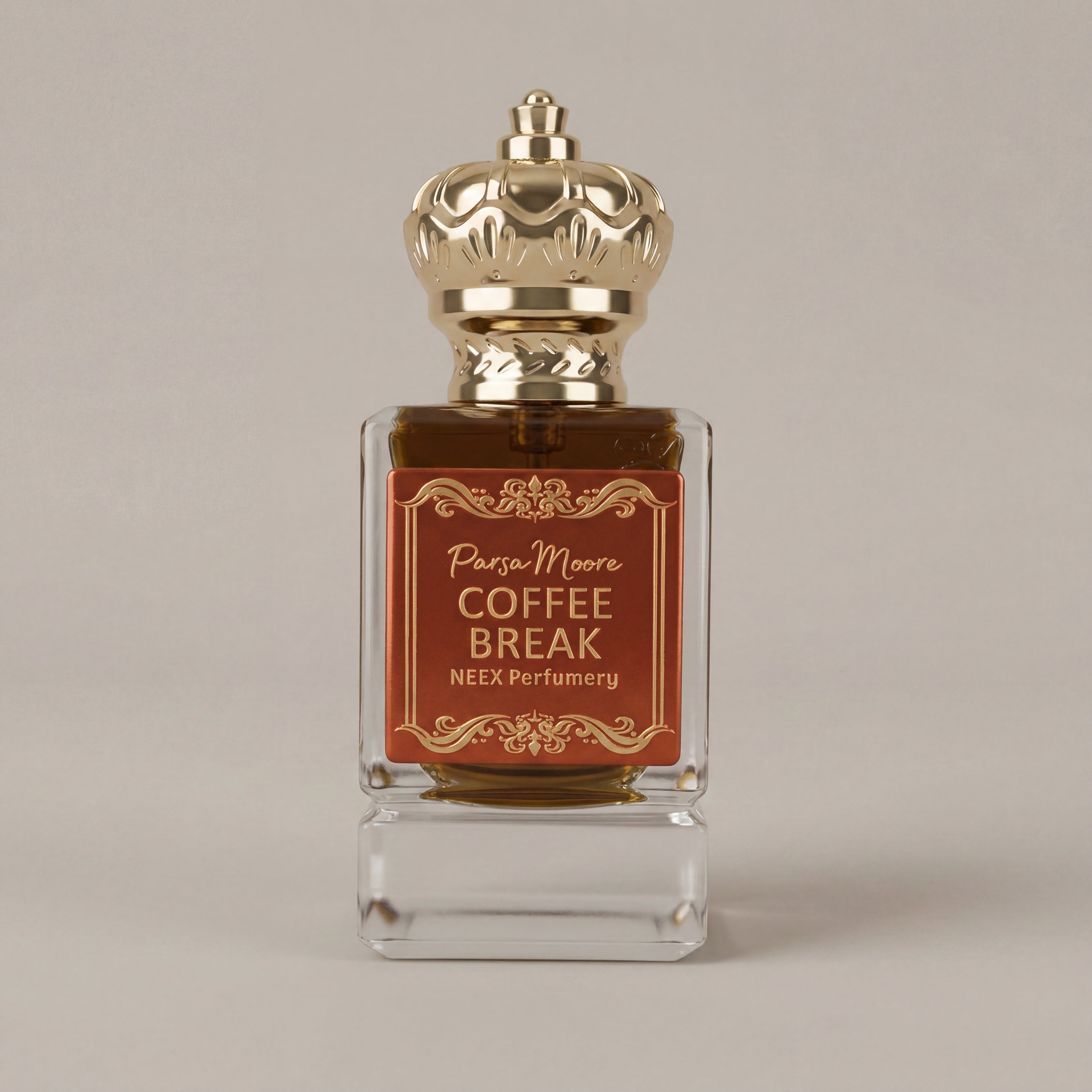 Perfume bottle labeled 'Coffee Break' by NEEX Perfumery on a beige background