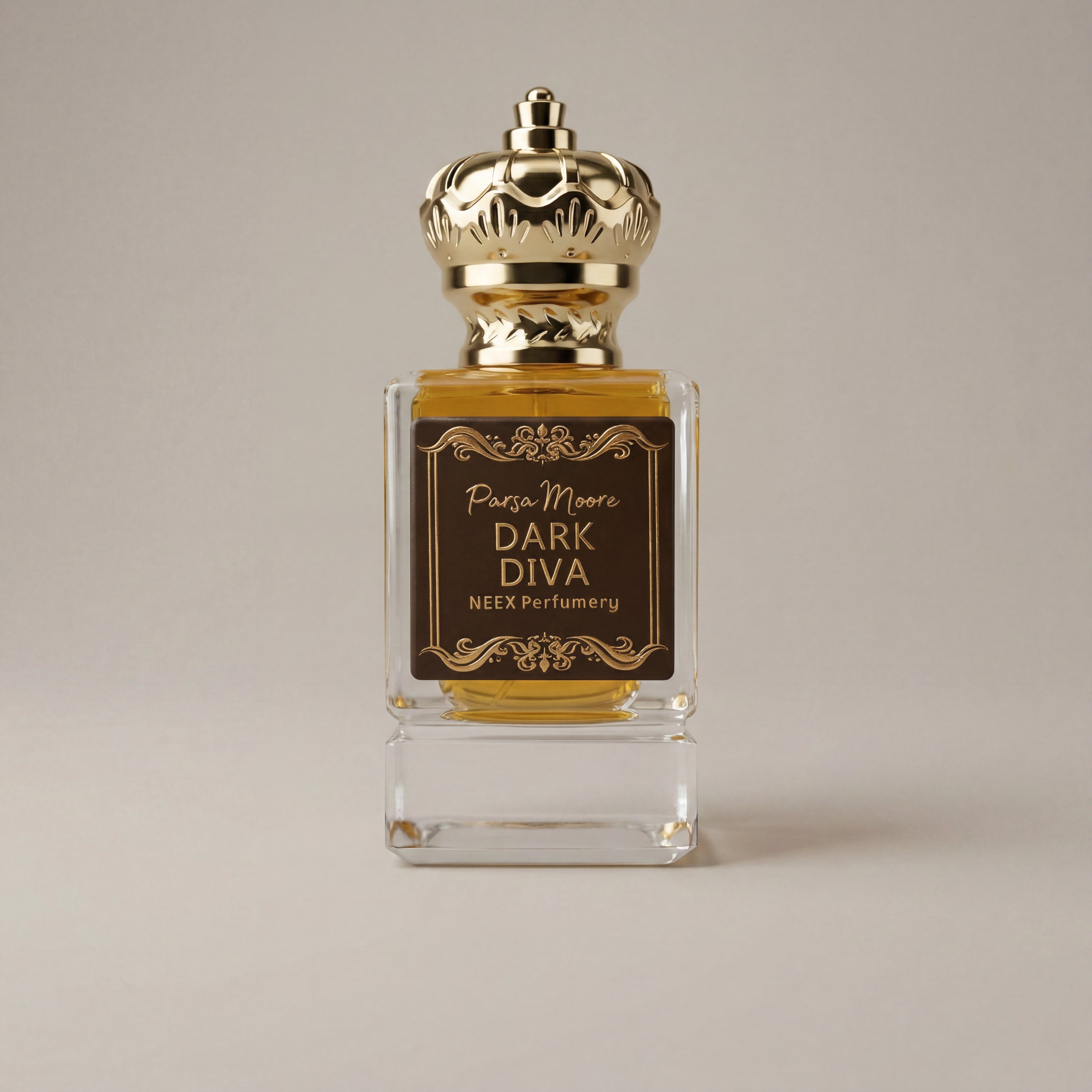 Perfume bottle labeled 'Dark Diva' by Parsa Moore on a beige background