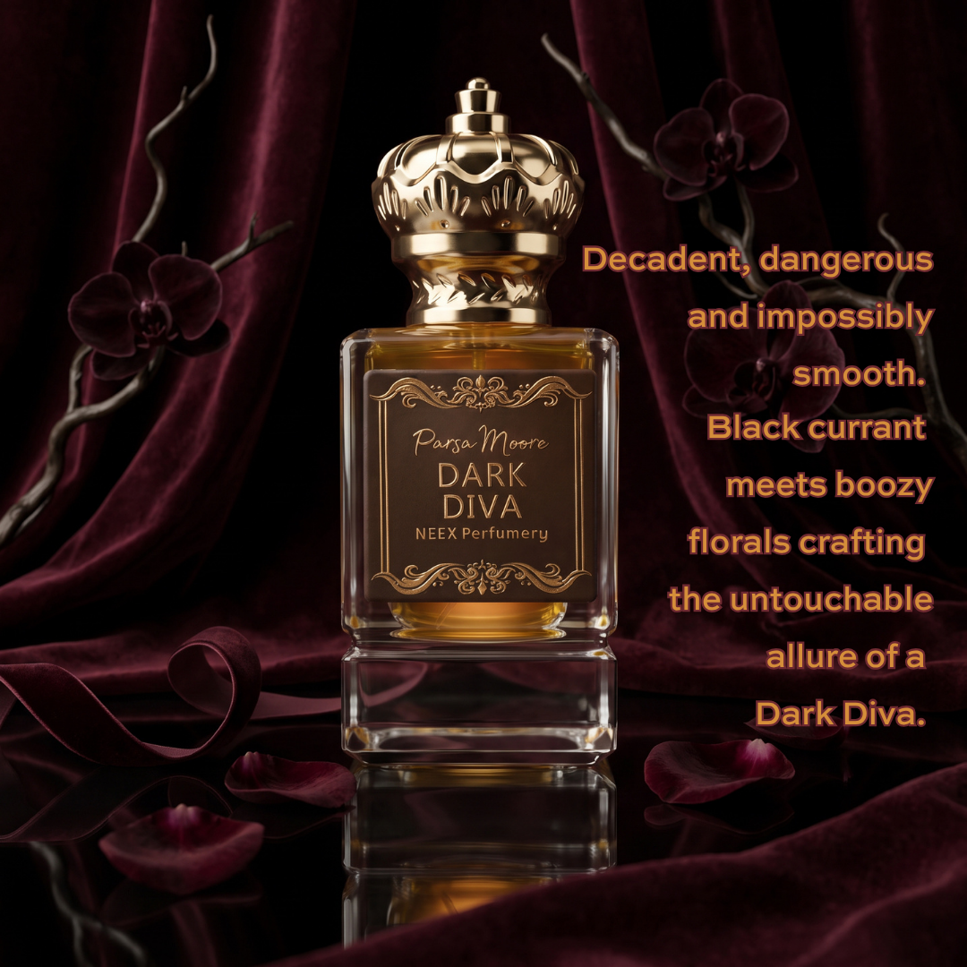 A luxury perfume bottle labeled 'Parsa Moore Dark Diva' by NEEX Perfumery, featuring a gold crown cap and amber liquid, set against a dark purple velvet drape with decorative orchids and orange descriptive text.