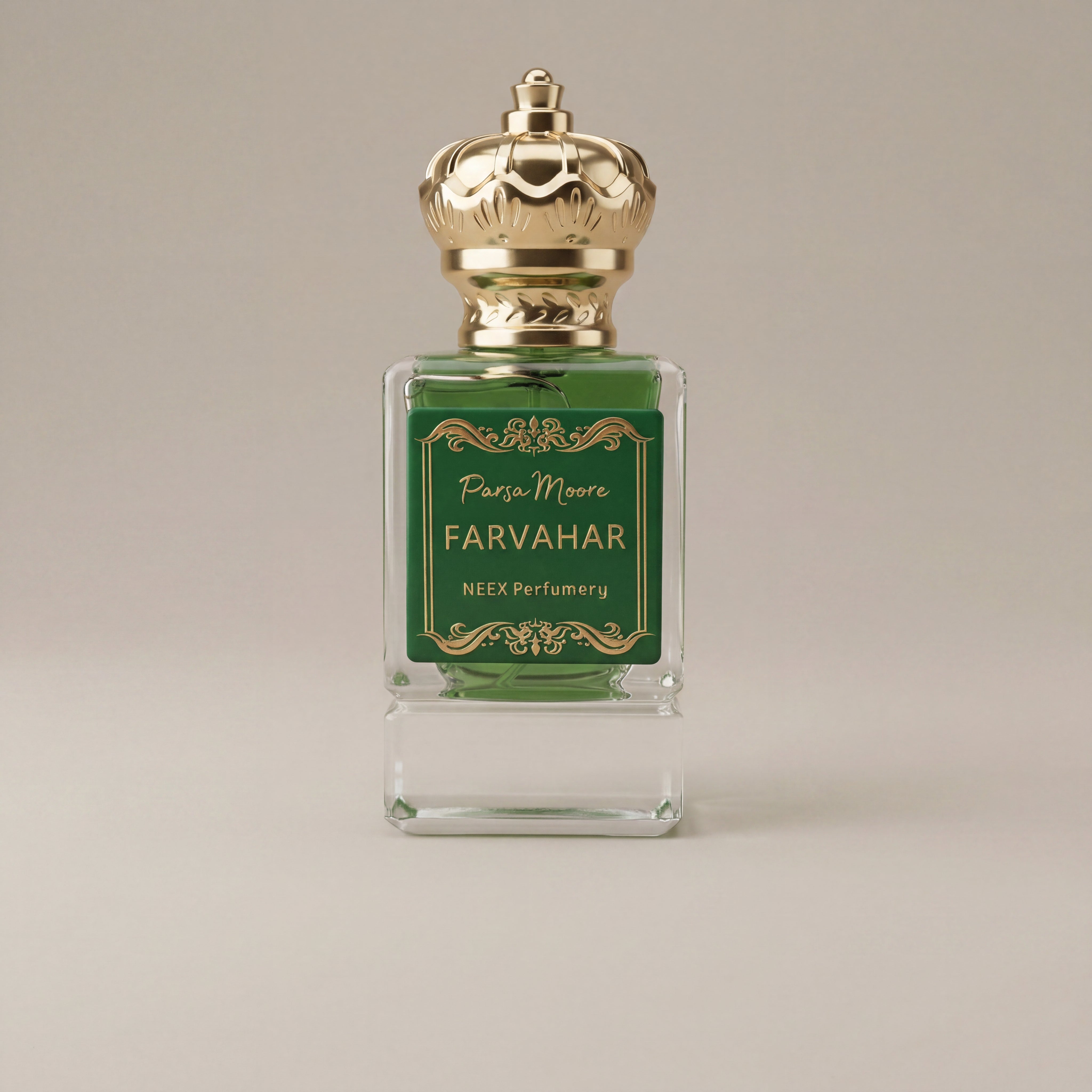 Perfume bottle with gold cap and green label on a beige background