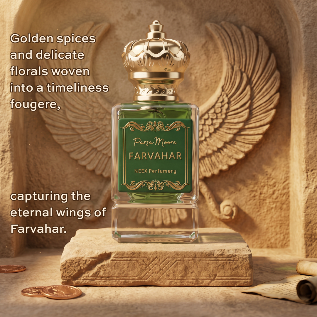 A perfume bottle labeled 'Parsa Moore FARVAHAR' by NEEX Perfumery, placed on a stone pedestal in a textured, warm-toned setting with decorative wings and text overlays.