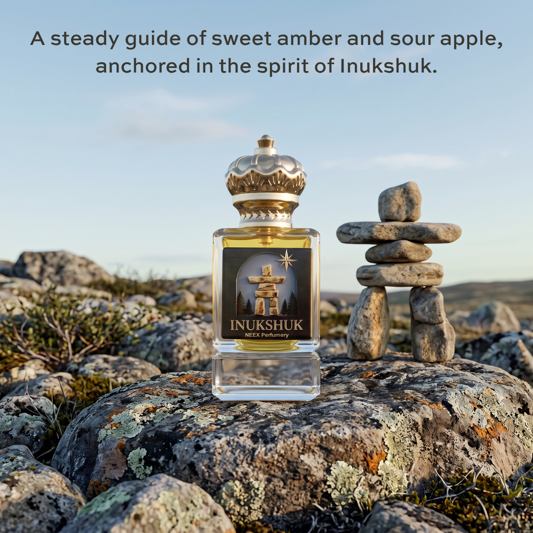 A clear glass perfume bottle labeled INUKSHUK stands on a rocky outdoor surface beside a stacked stone tohu, with a pale sky and distant land in the background. Text at the top reads, 'A steady guide of sweet amber and sour apple, anchored in the spirit of Inukshuk.
