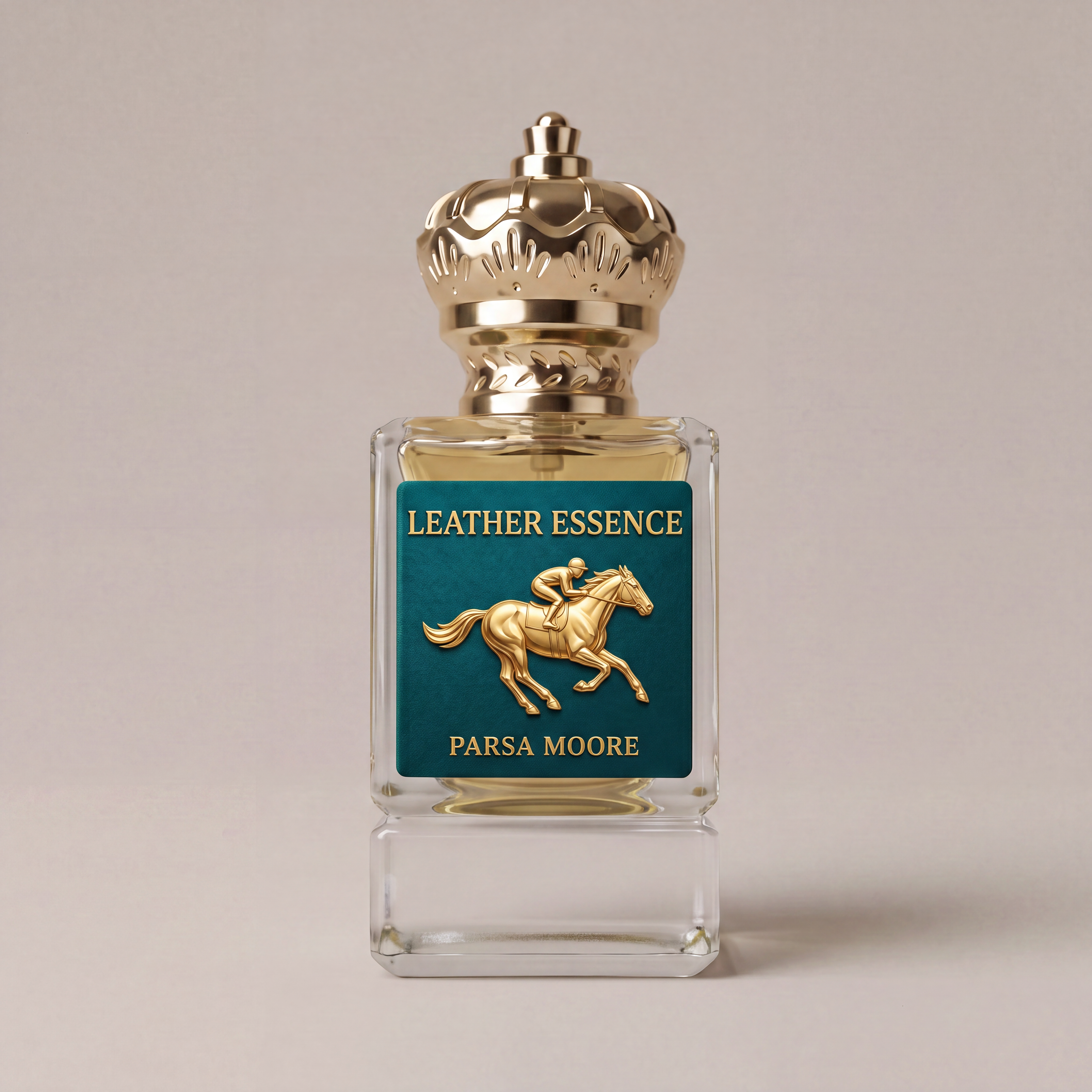 A clear glass perfume bottle with a metallic gold crown cap and a dark teal label featuring a gold horse-and-rider emblem and the text 'LEATHER ESSENCE' and 'PARSA MOORE'.