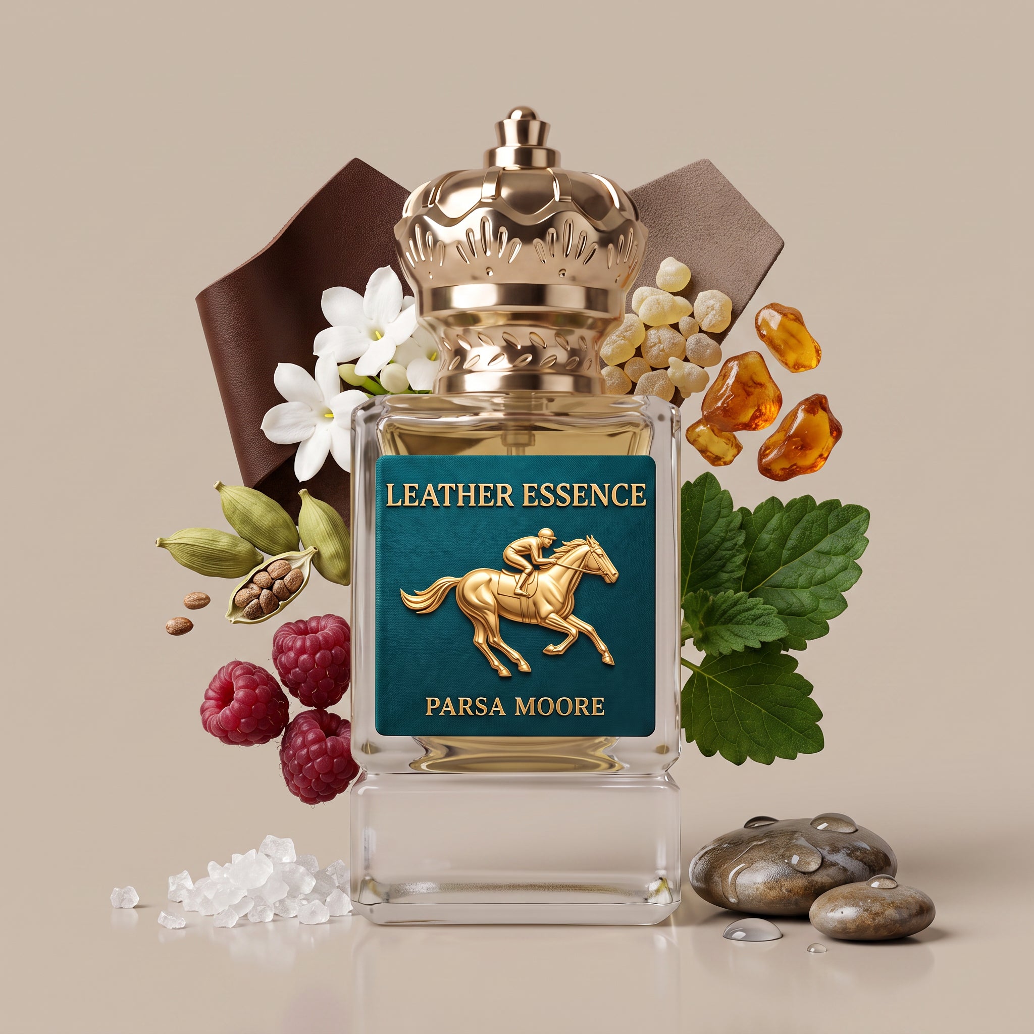 A perfume bottle labeled 'LEATHER ESSENCE' by Parsa Moore, styled with leather scraps, white flowers, green leaves, raspberries, nuts, amber crystals, and stones on a beige background.